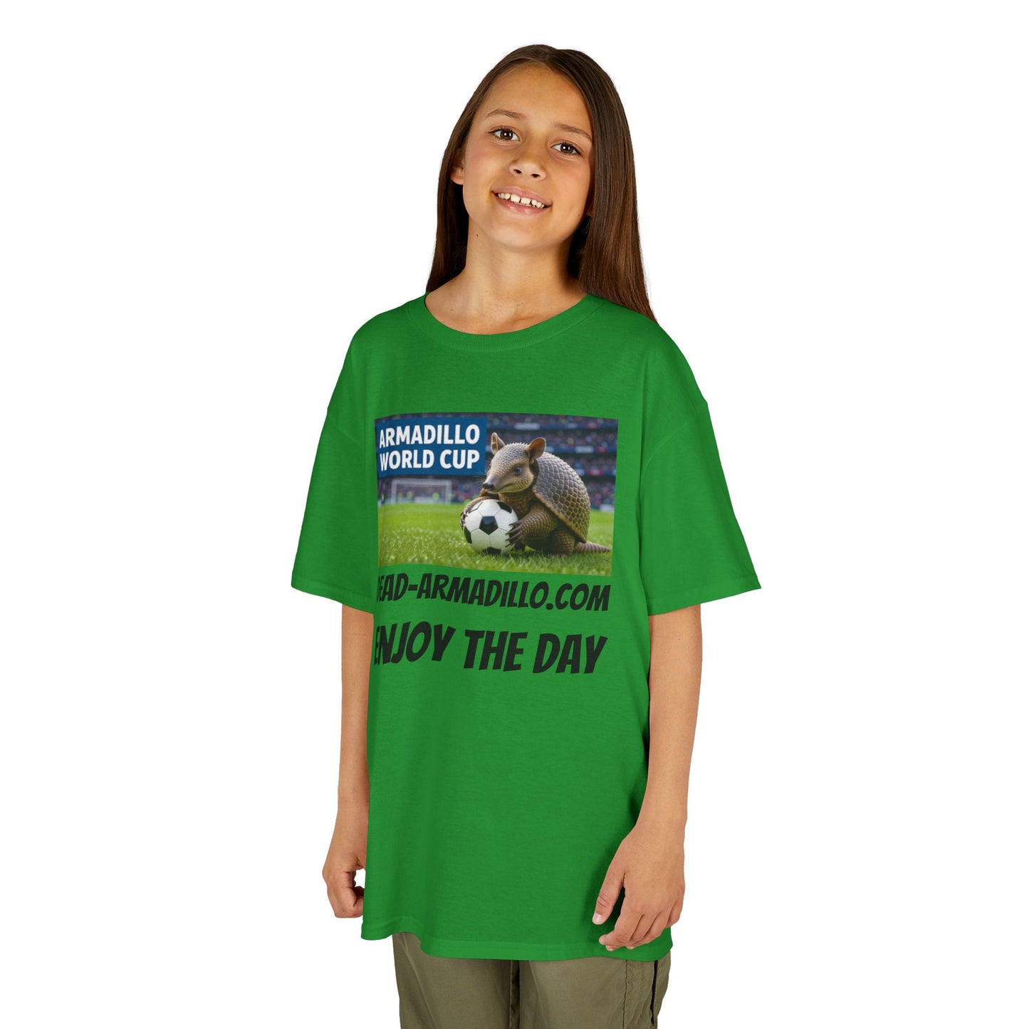 Kids Soccer Tee - Armadillo Soccer Player | World Cup Soccer Shirt | Enjoy the Day | Dark font