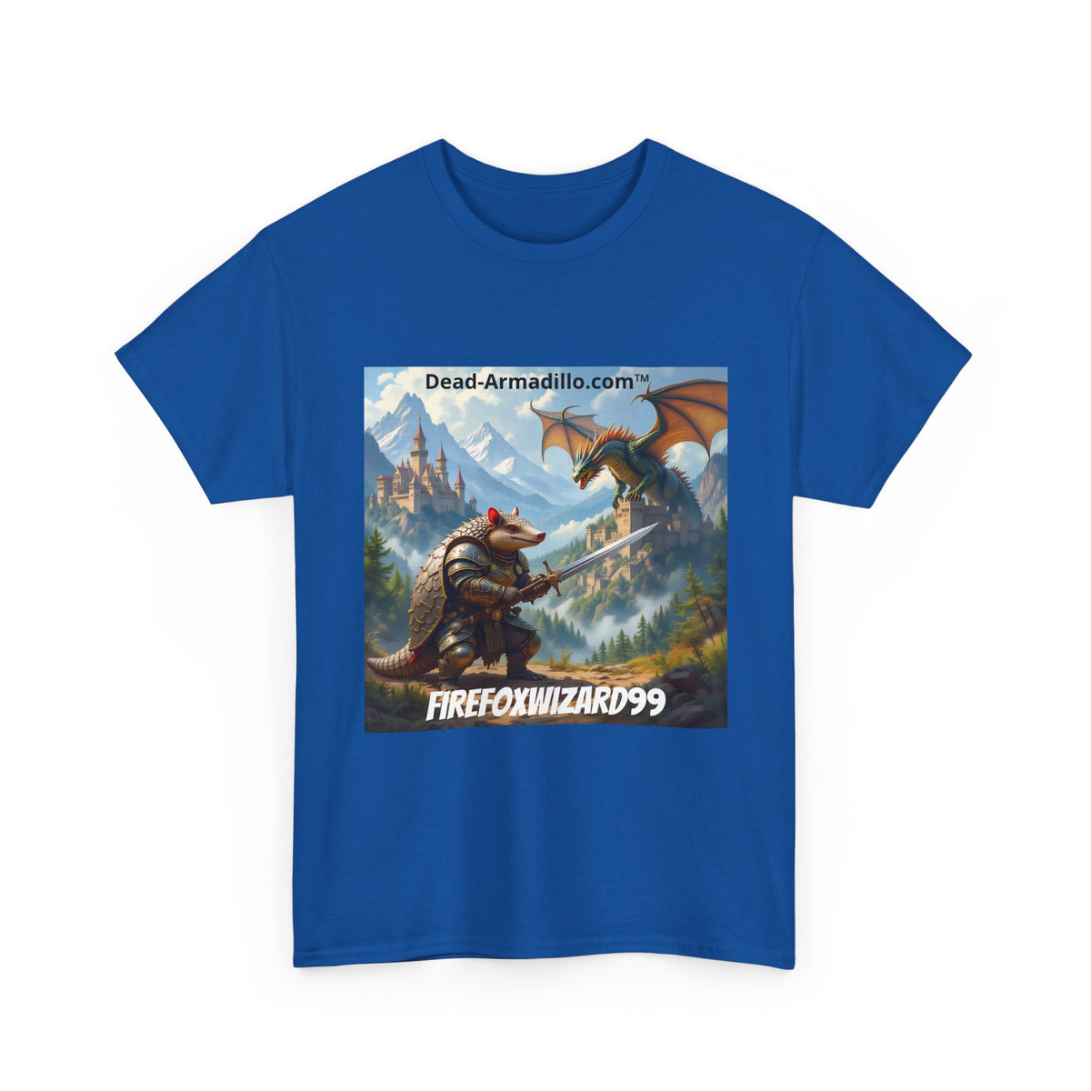 Arlo the Armadillo | Gamer Tee | Fantasy Mountain Scene | with Dragon and Castles