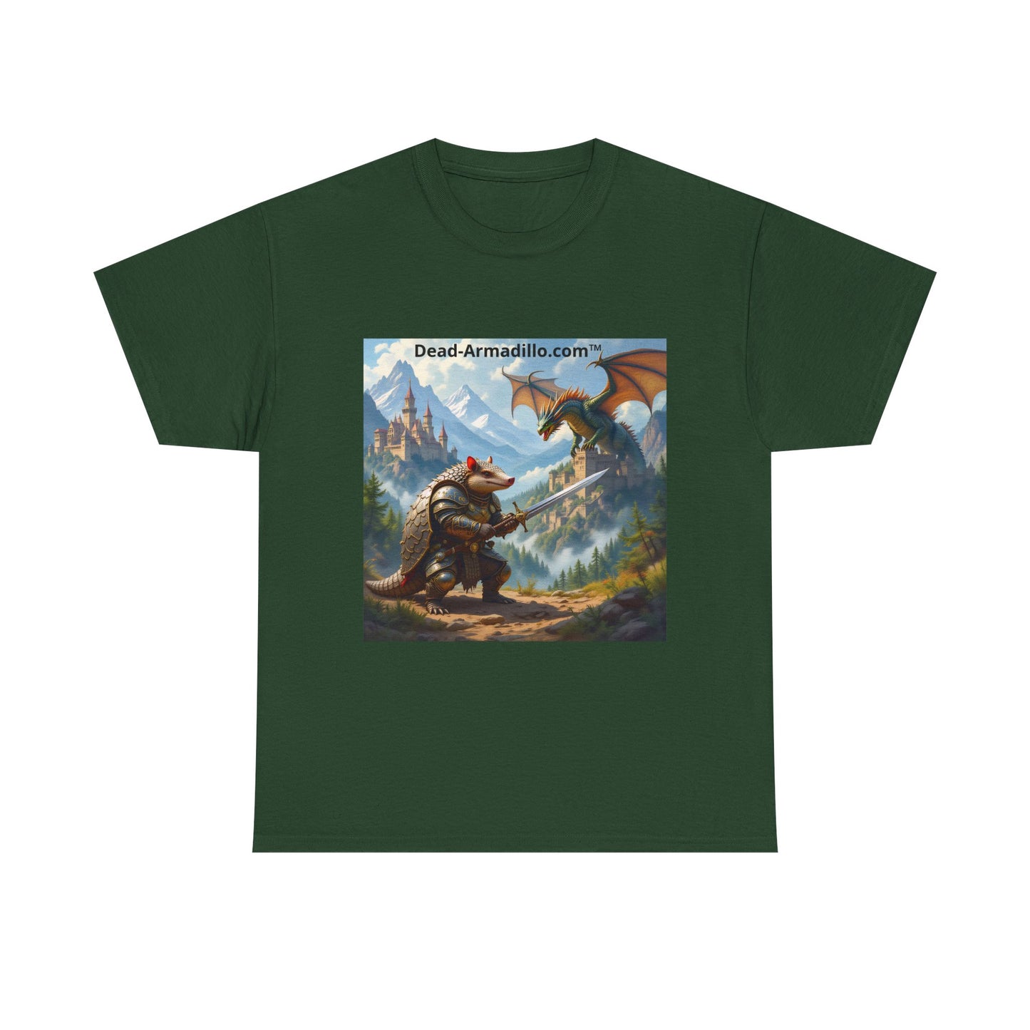 Fantasy Battle T-Shirt — Armadillo vs Dragon Illustration