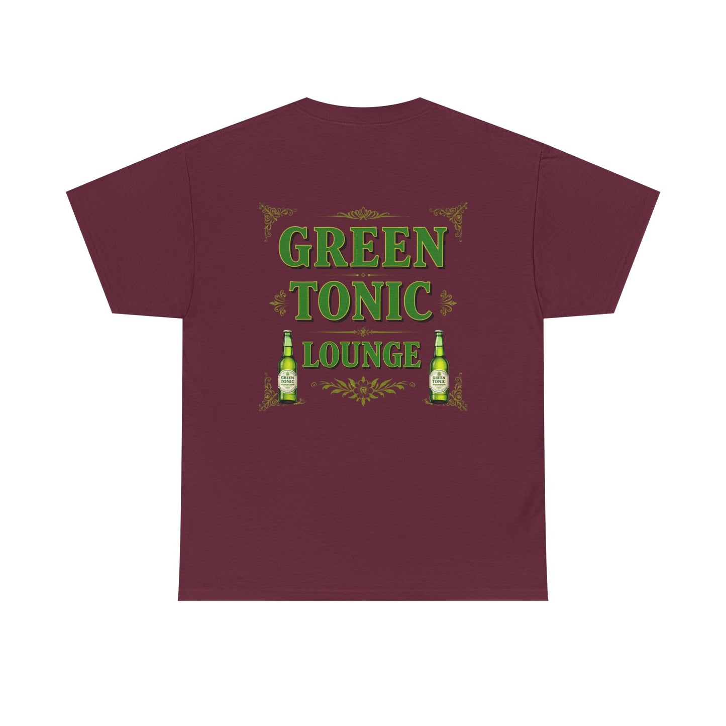 Green Tonic Lounge Tee | Bottles & Logo | Back of Shirt Graphic Design