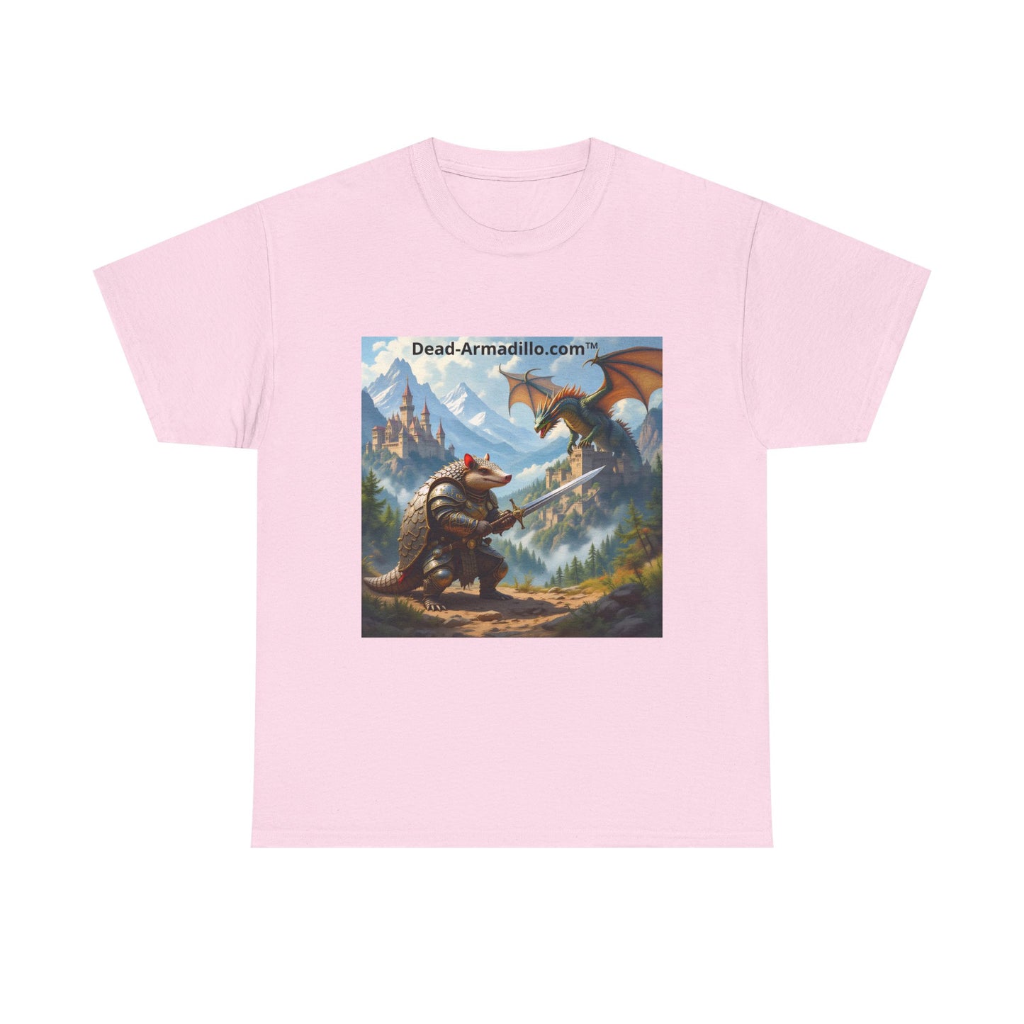 Fantasy Battle T-Shirt — Armadillo vs Dragon Illustration