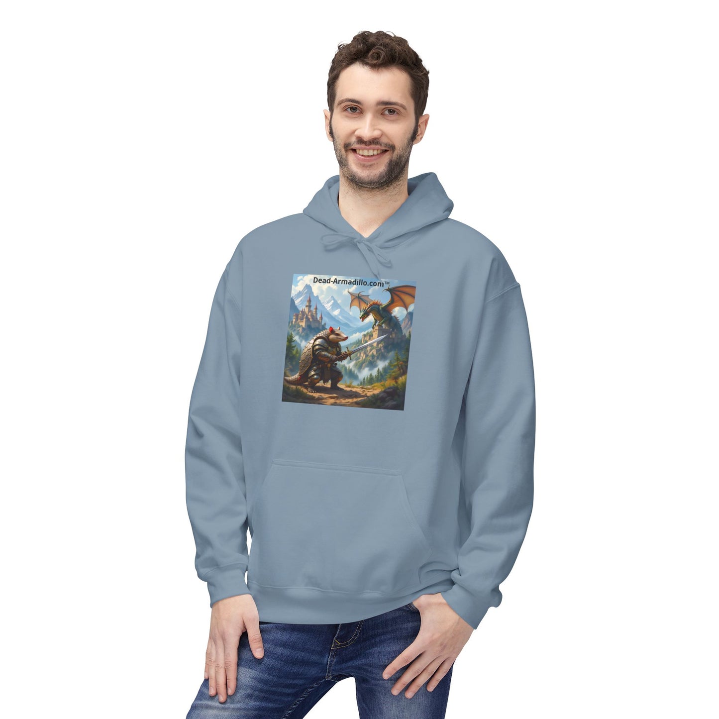 Arlo the Armadillo | Gamer Hoodie | Fantasy Mountain Scene | with Dragon and Castles