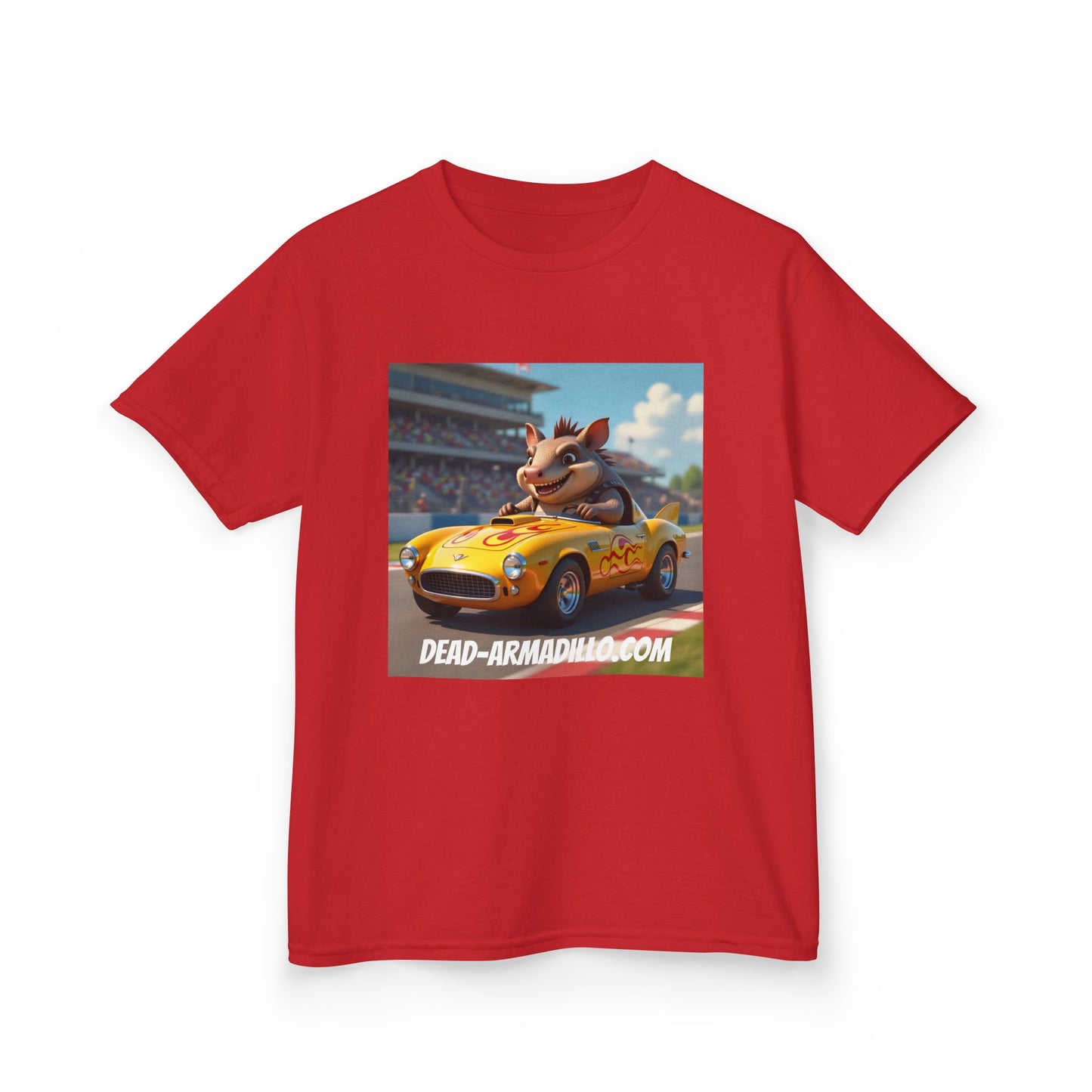 Cute Armadillo in Racing Car | Kids Sizing | Armadillo Racing | 2 sided Print  Tee | Dead-Armadillo.com