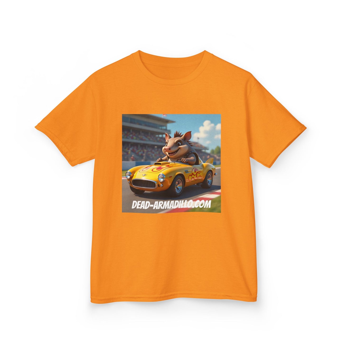 Cute Armadillo in Racing Car | Kids Sizing | Armadillo Racing | 2 sided Print  Tee | Dead-Armadillo.com