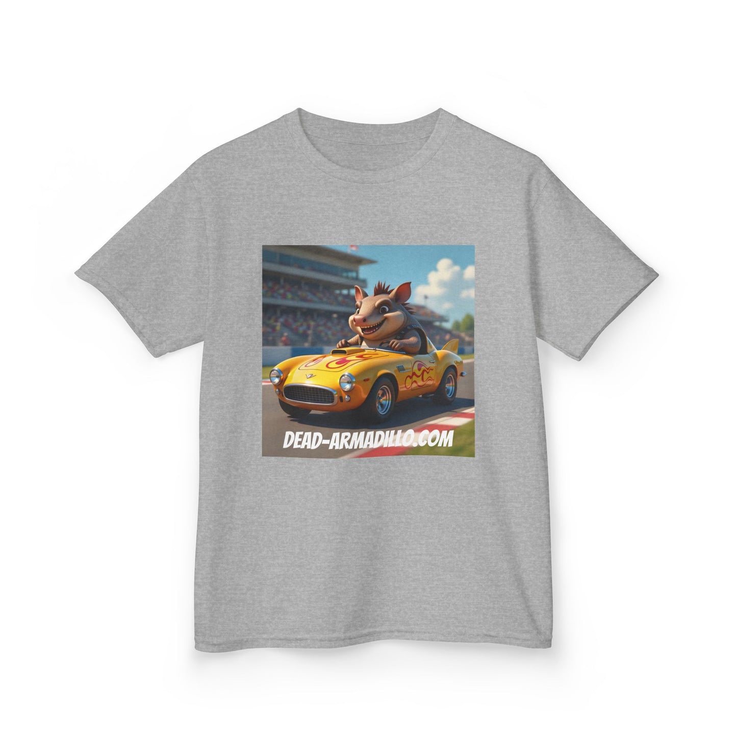 Cute Armadillo in Racing Car | Kids Sizing | Armadillo Racing | 2 sided Print  Tee | Dead-Armadillo.com