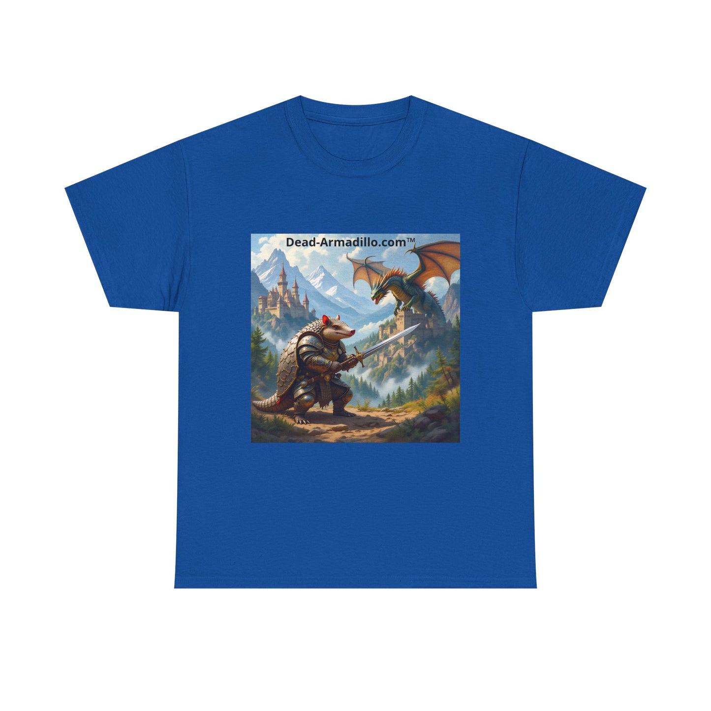Fantasy Battle T-Shirt — Armadillo vs Dragon Illustration