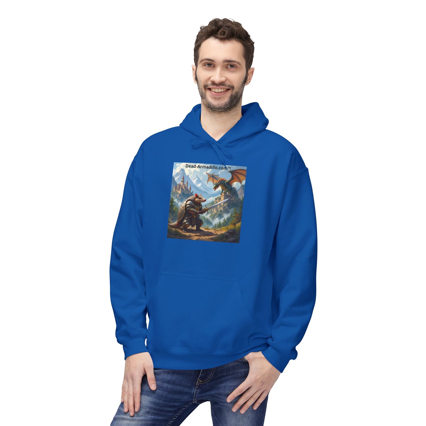 Arlo the Armadillo | Gamer Hoodie | Fantasy Mountain Scene | with Dragon and Castles