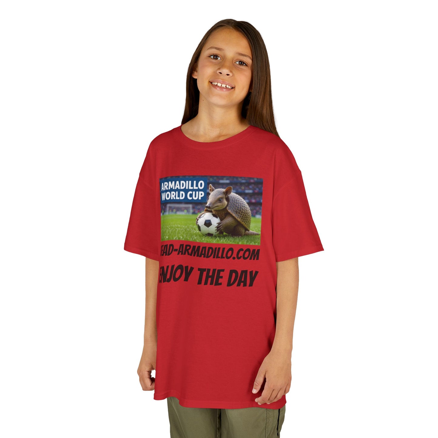 Kids Soccer Tee - Armadillo Soccer Player | World Cup Soccer Shirt | Enjoy the Day | Dark font