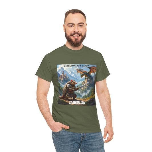 Arlo the Armadillo | Gamer Tee | Fantasy Mountain Scene | with Dragon and Castles