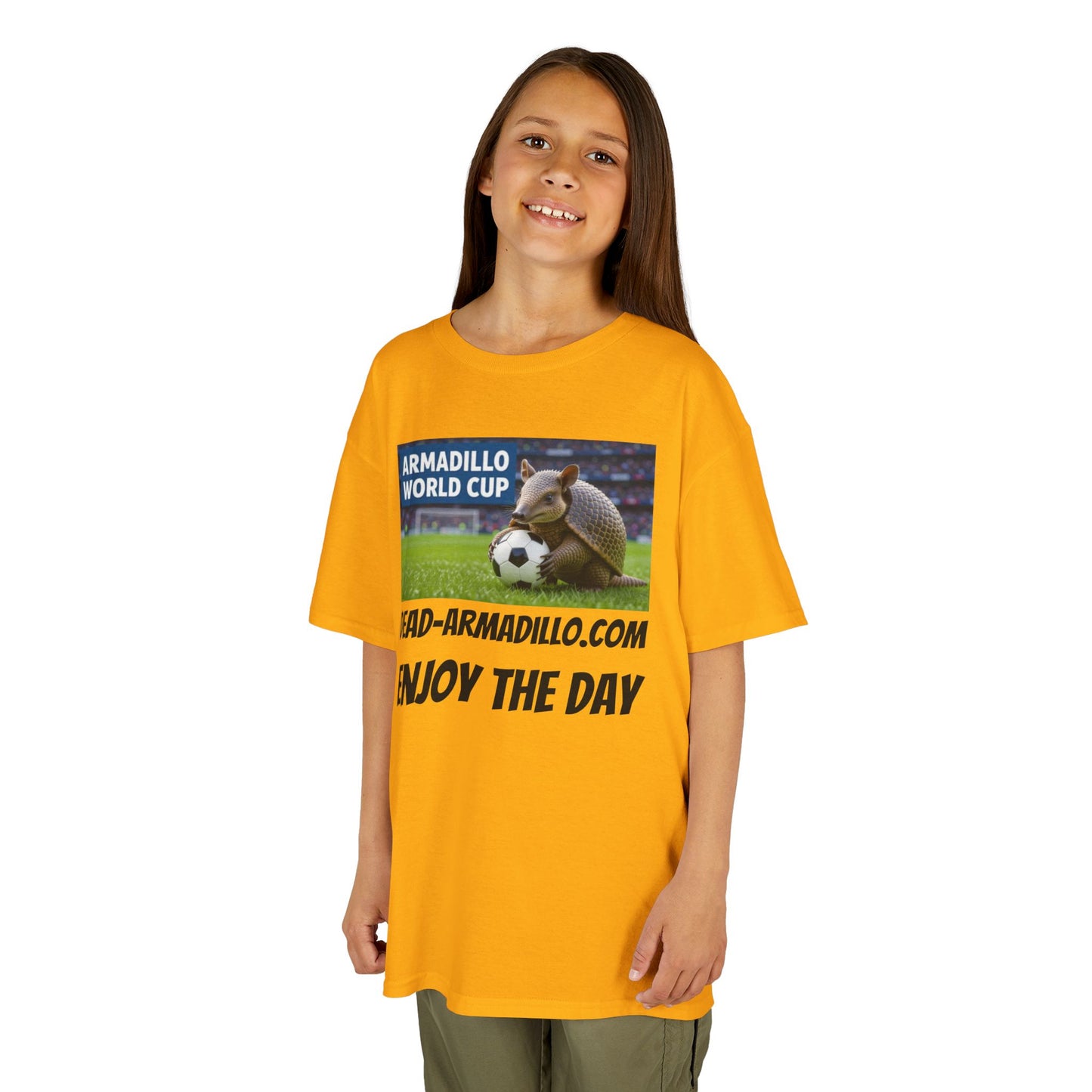 Kids Soccer Tee - Armadillo Soccer Player | World Cup Soccer Shirt | Enjoy the Day | Dark font