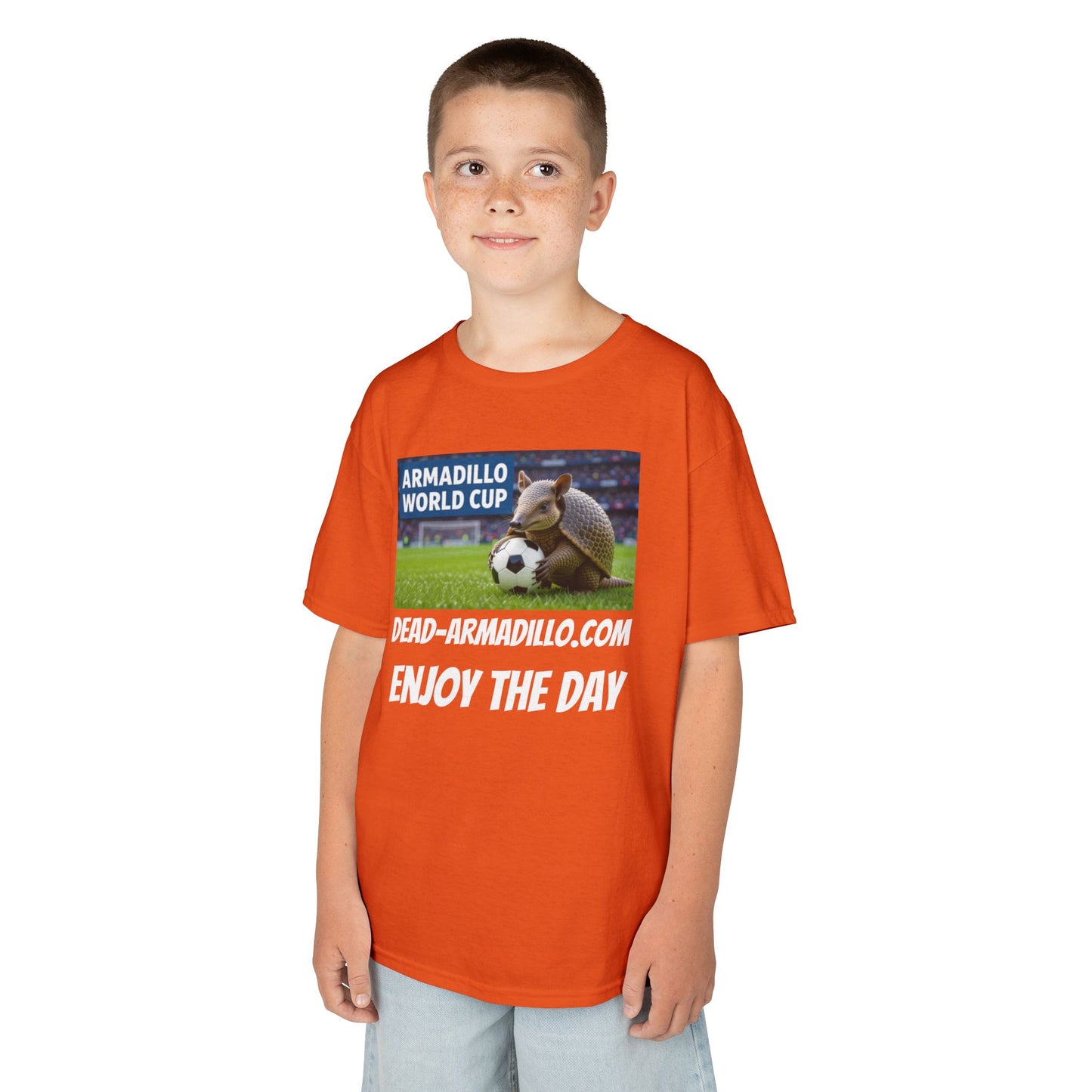 Kids Soccer Tee - Armadillo Soccer Player | World Cup Soccer Shirt | Enjoy the Day | White Font Choice
