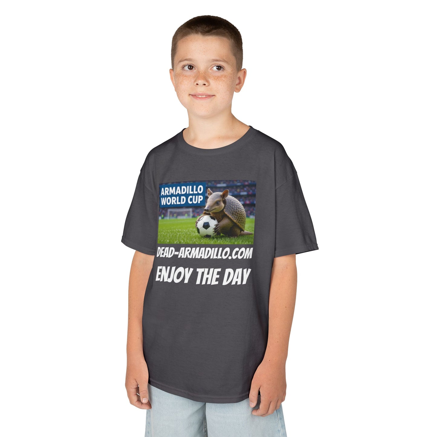 Kids Soccer Tee - Armadillo Soccer Player | World Cup Soccer Shirt | Enjoy the Day | White Font Choice