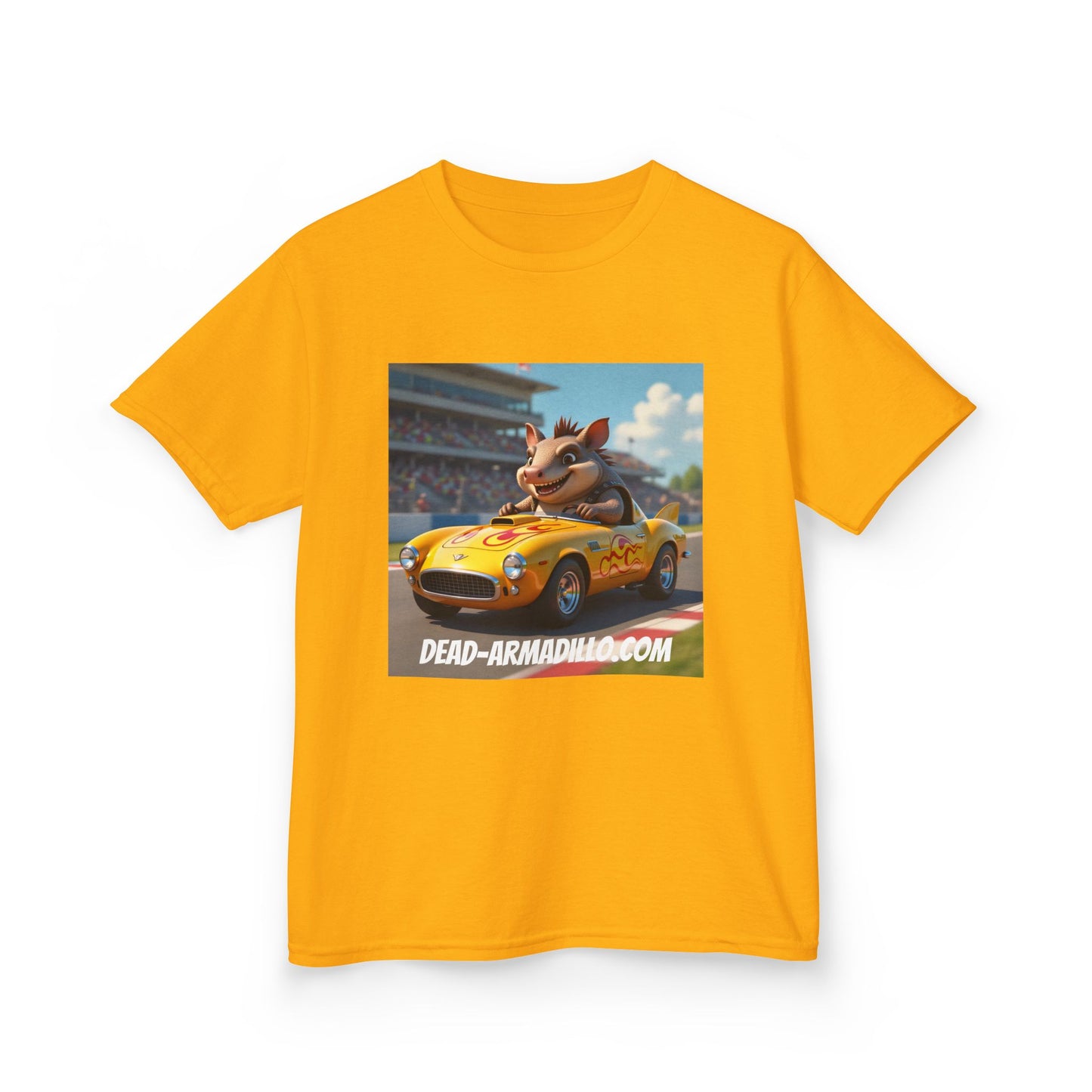 Cute Armadillo in Racing Car | Kids Sizing | Armadillo Racing | 2 sided Print  Tee | Dead-Armadillo.com