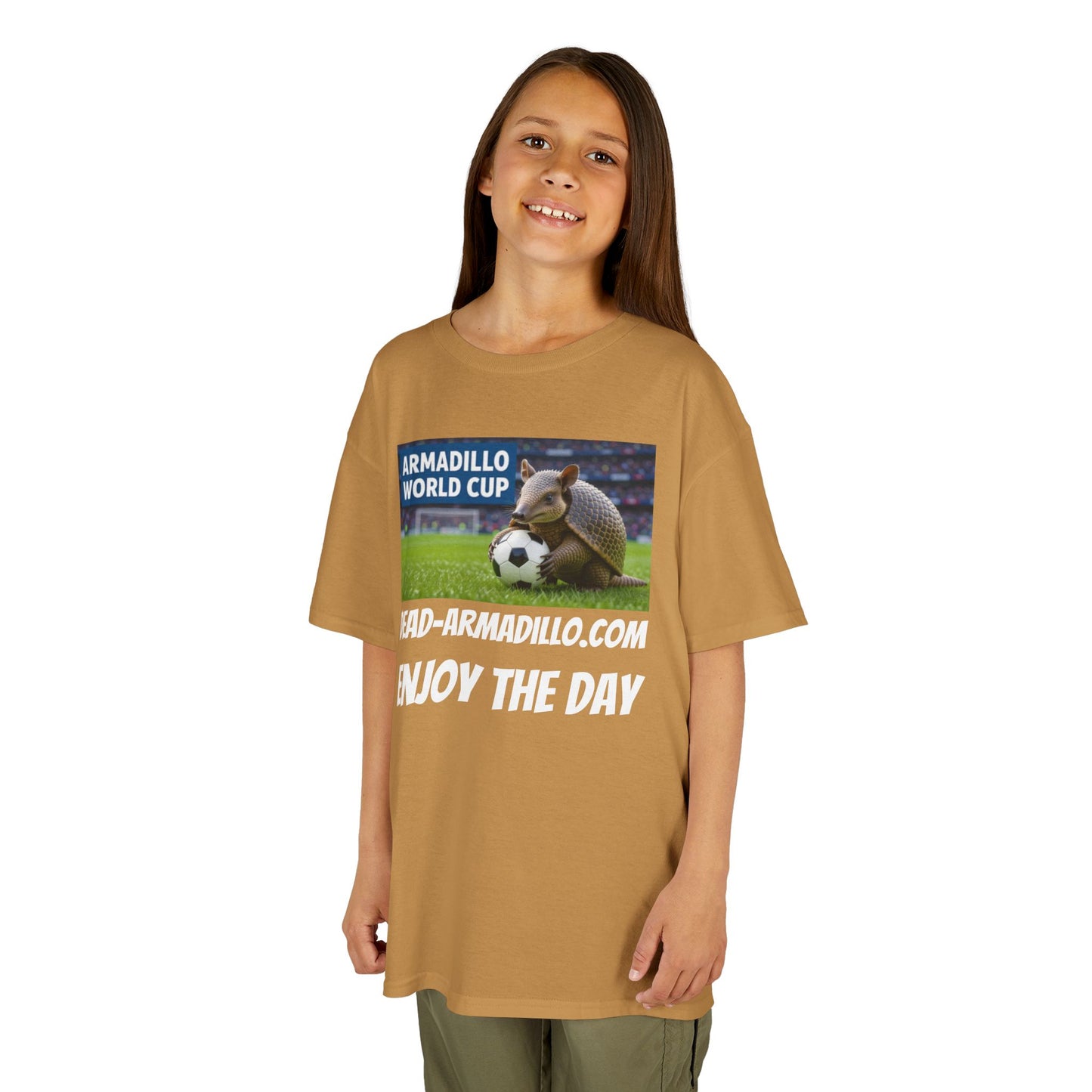 Kids Soccer Tee - Armadillo Soccer Player | World Cup Soccer Shirt | Enjoy the Day | White Font Choice