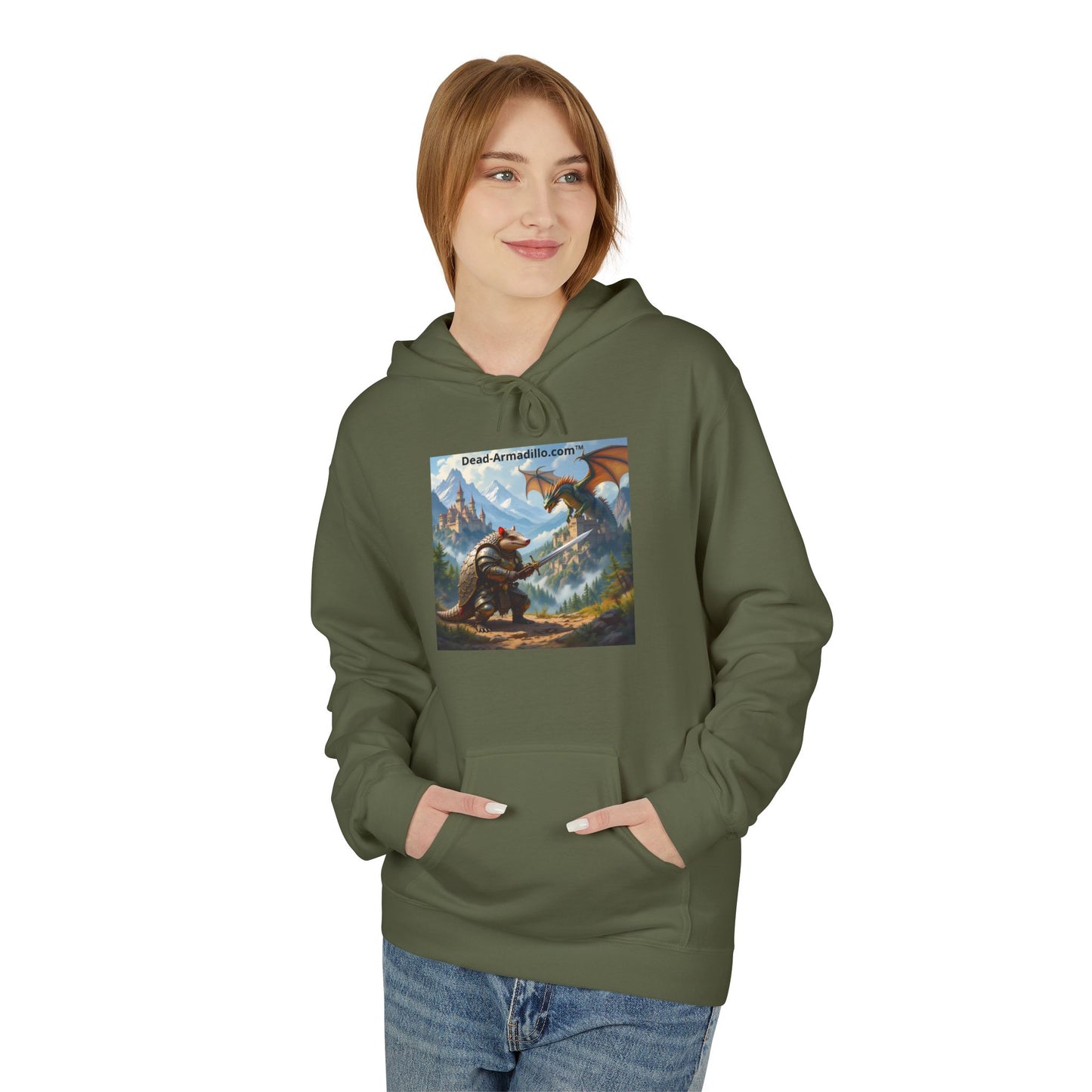 Arlo the Armadillo | Gamer Hoodie | Fantasy Mountain Scene | with Dragon and Castles
