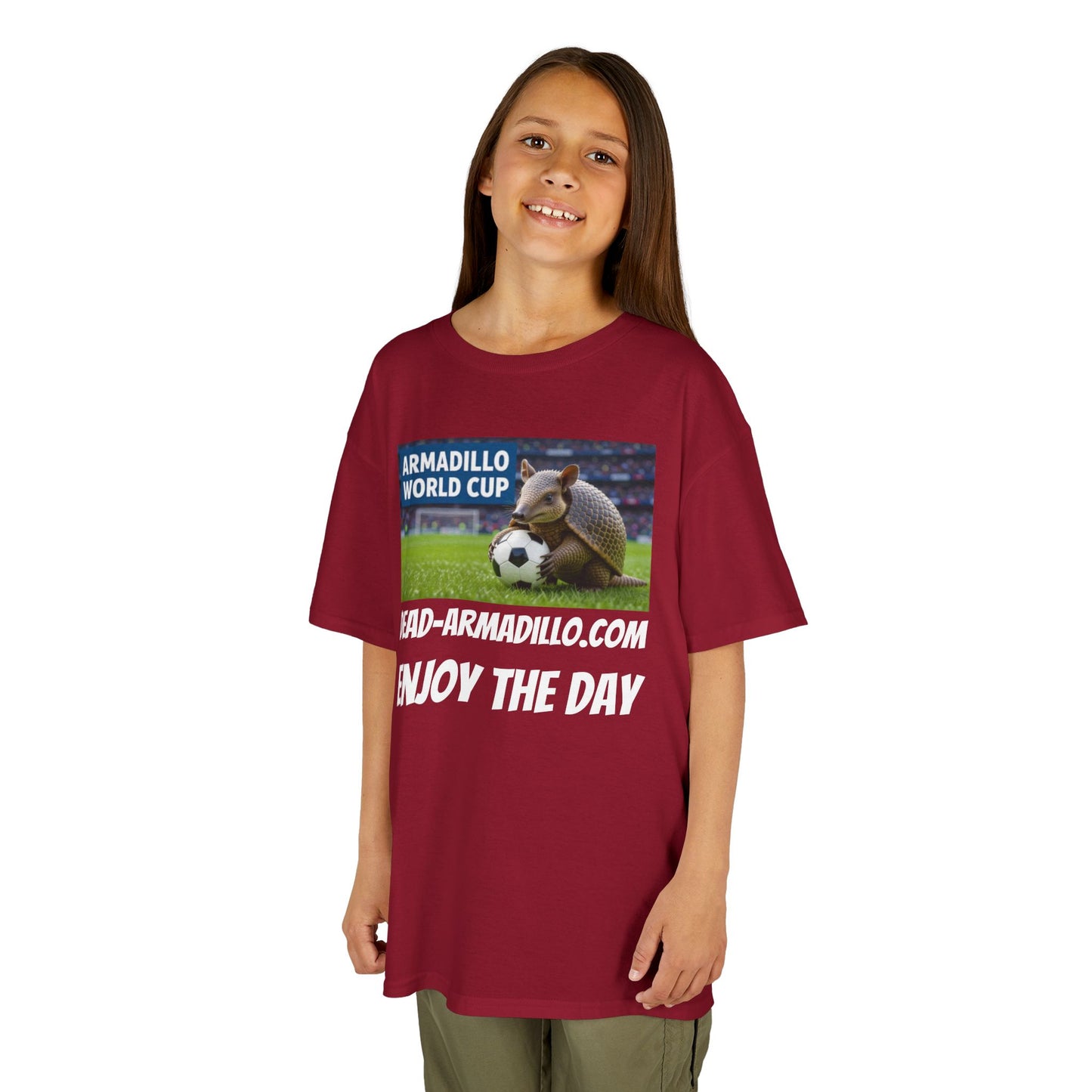 Kids Soccer Tee - Armadillo Soccer Player | World Cup Soccer Shirt | Enjoy the Day | White Font Choice