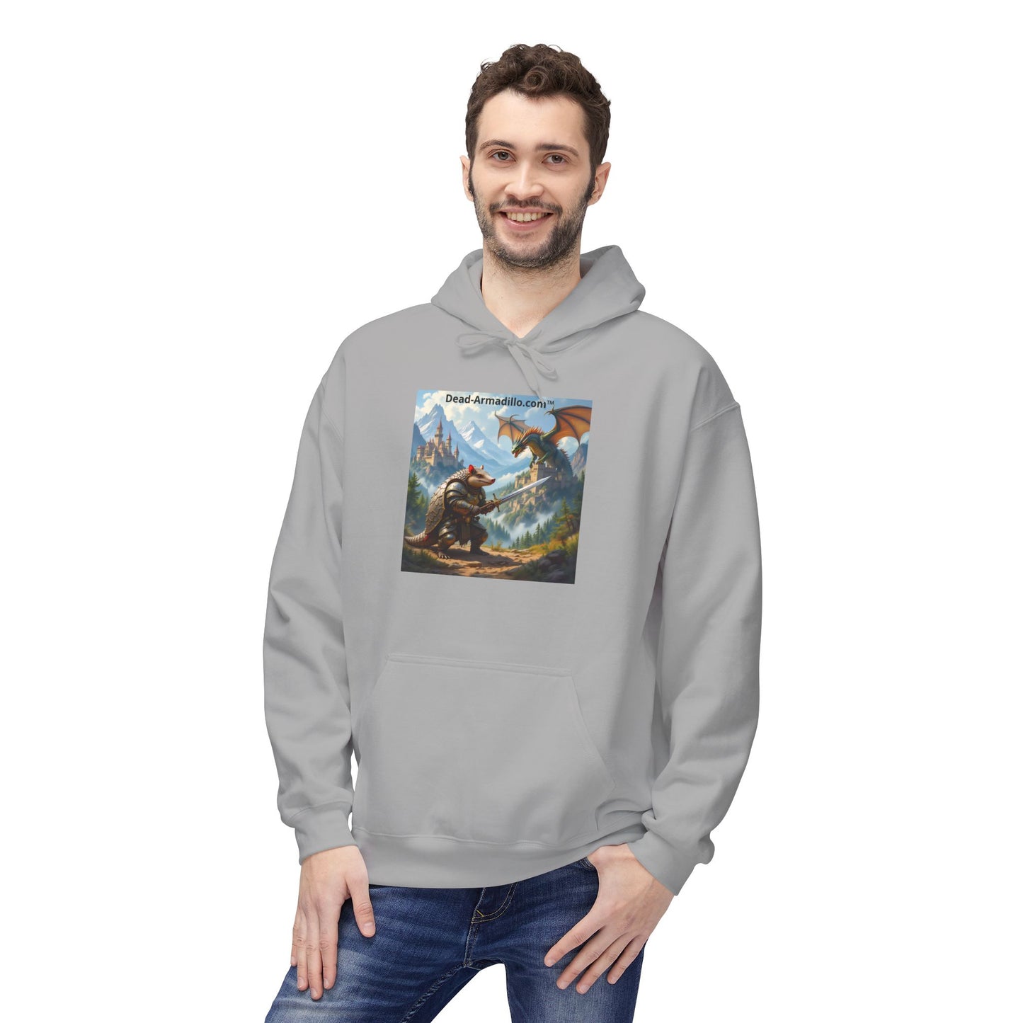 Arlo the Armadillo | Gamer Hoodie | Fantasy Mountain Scene | with Dragon and Castles
