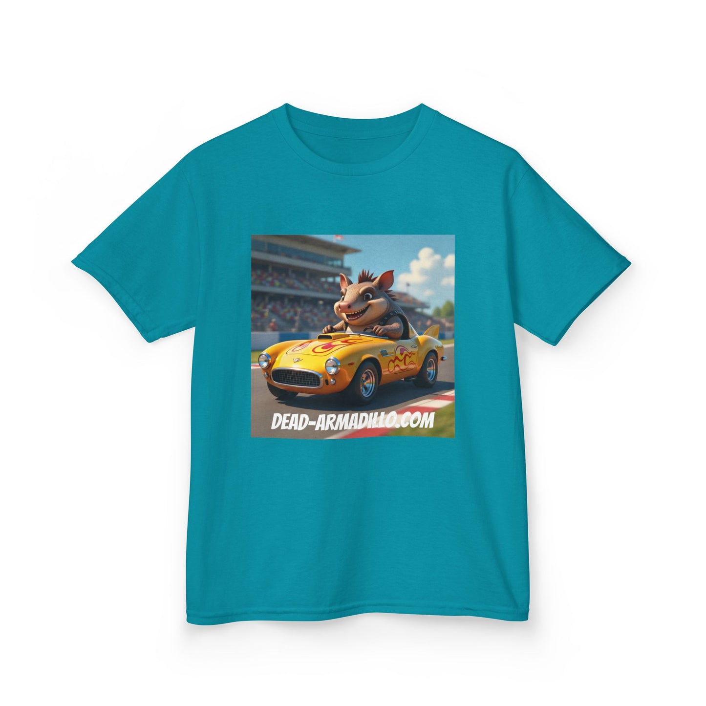 Cute Armadillo in Racing Car | Kids Sizing | Armadillo Racing | 2 sided Print  Tee | Dead-Armadillo.com