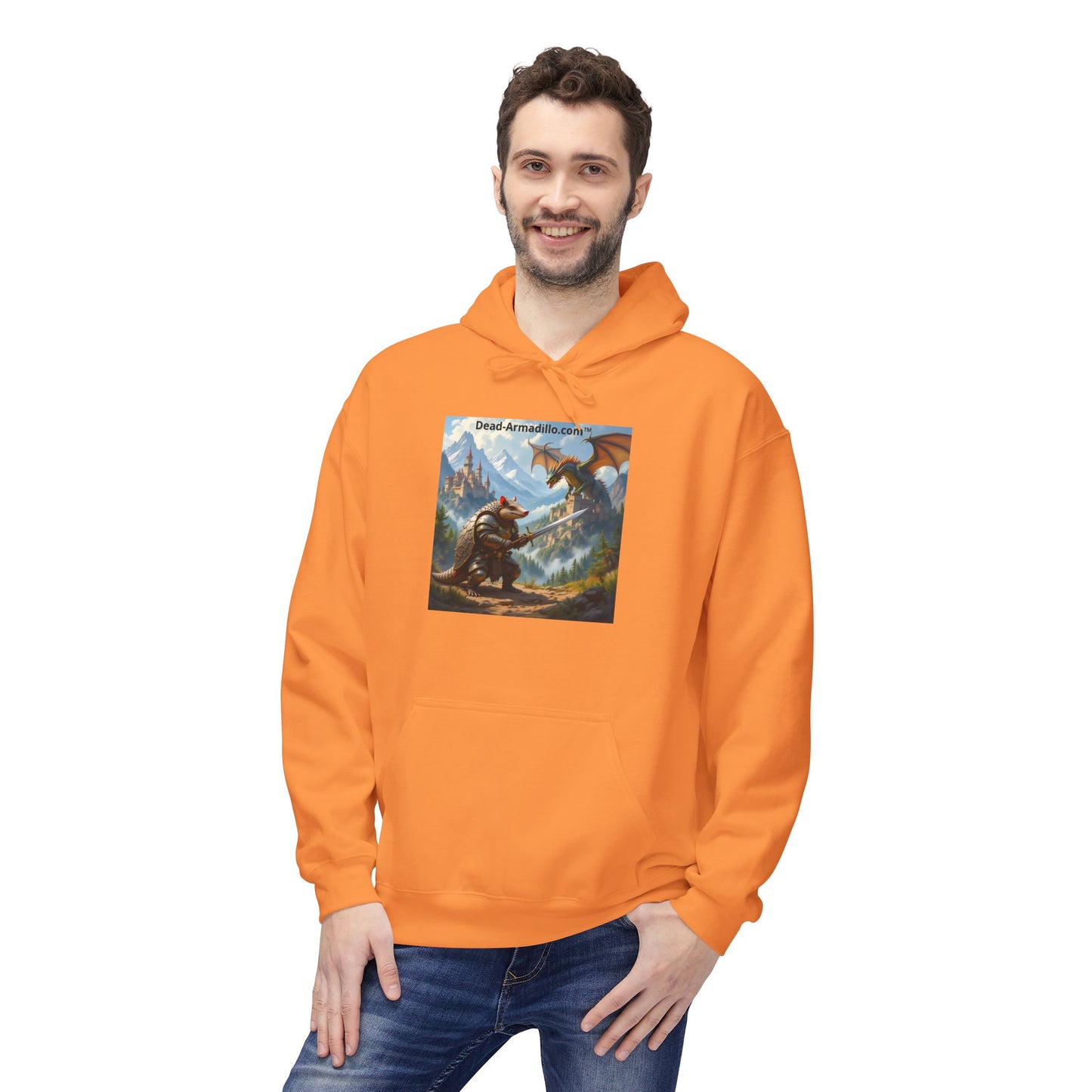 Arlo the Armadillo | Gamer Hoodie | Fantasy Mountain Scene | with Dragon and Castles