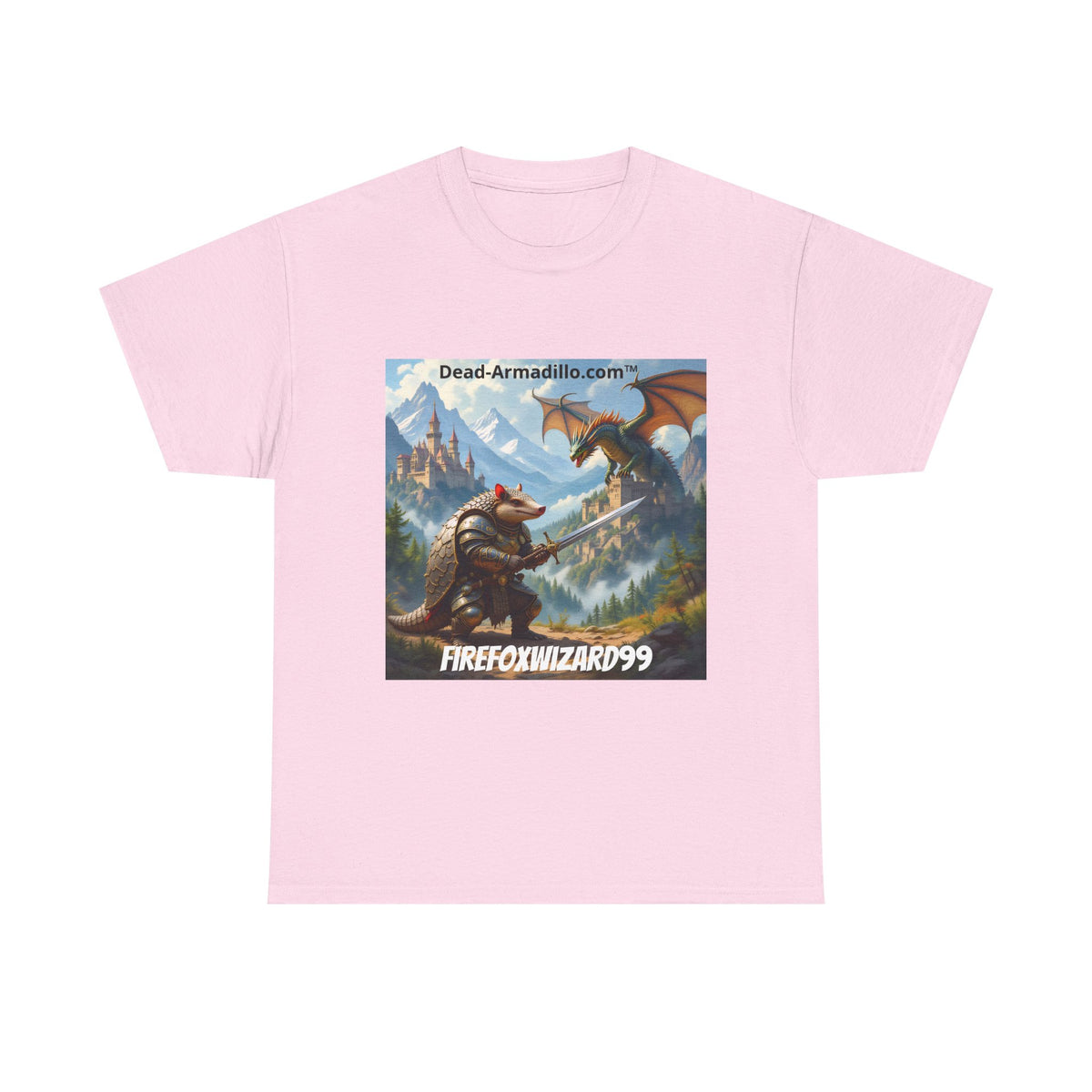 Arlo the Armadillo | Gamer Tee | Fantasy Mountain Scene | with Dragon and Castles