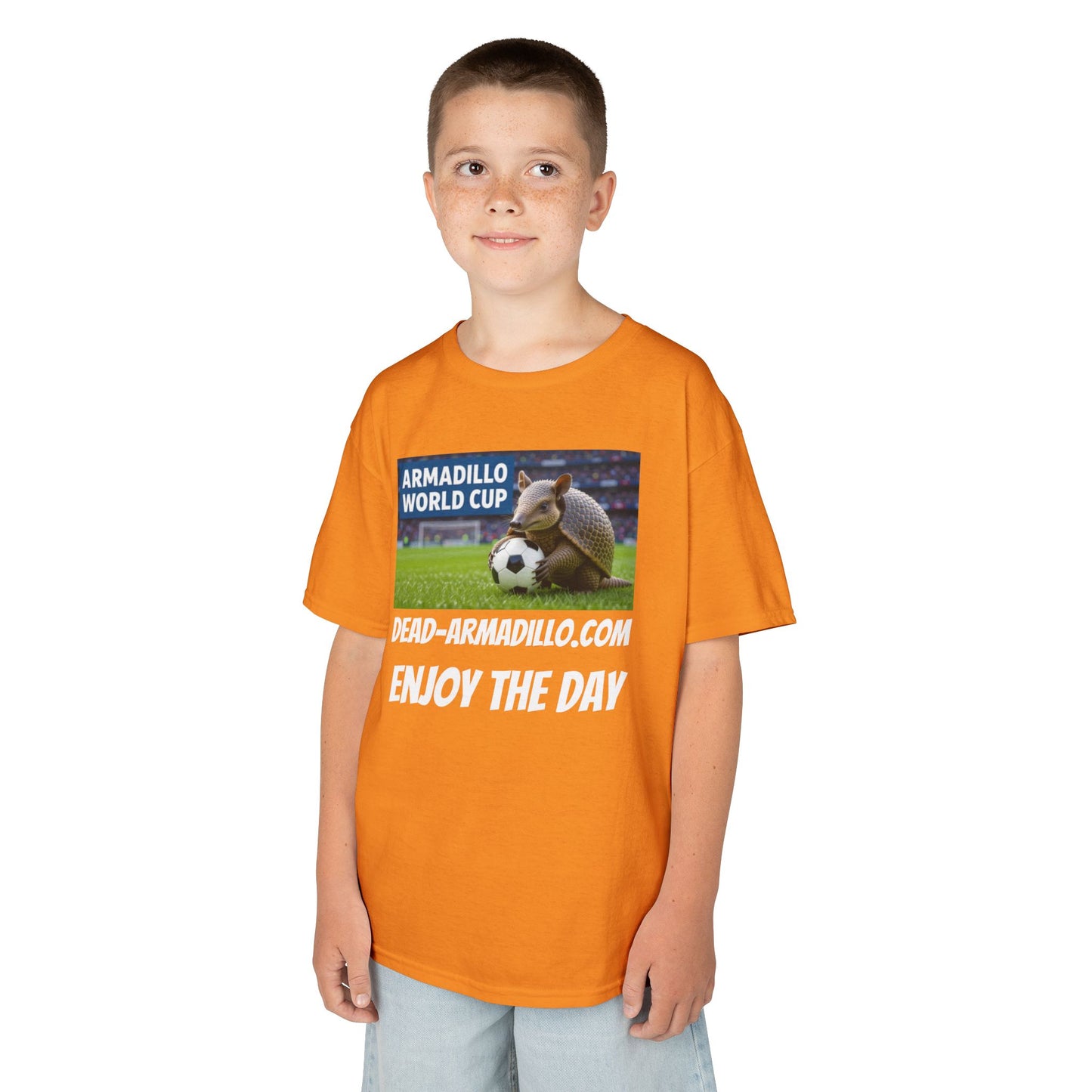 Kids Soccer Tee - Armadillo Soccer Player | World Cup Soccer Shirt | Enjoy the Day | White Font Choice
