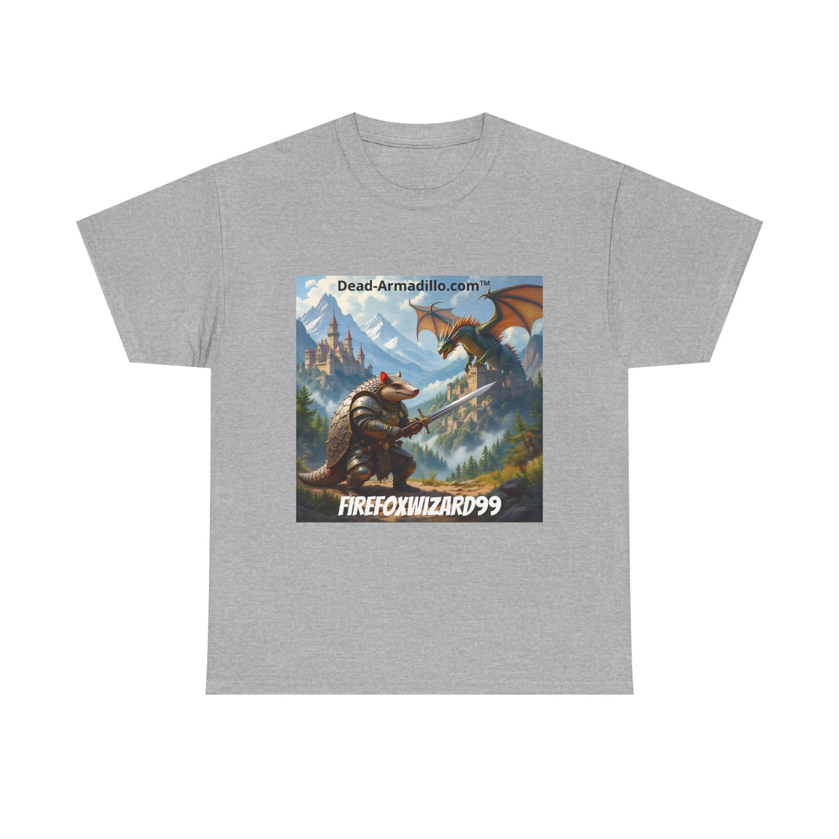 Arlo the Armadillo | Gamer Tee | Fantasy Mountain Scene | with Dragon and Castles