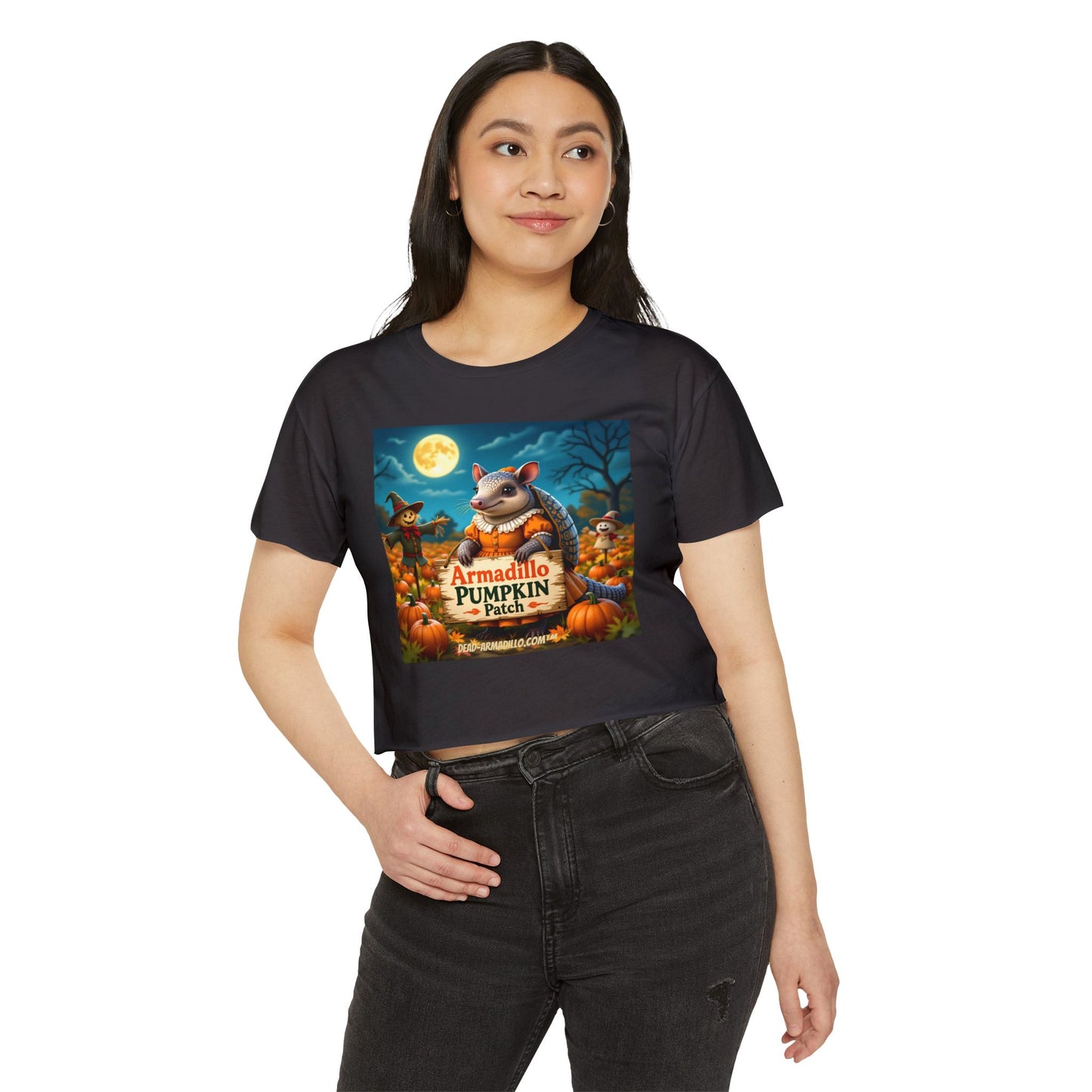 Armadillo Pumpkin Patch Crop Top — Women’s Halloween Festival Tee