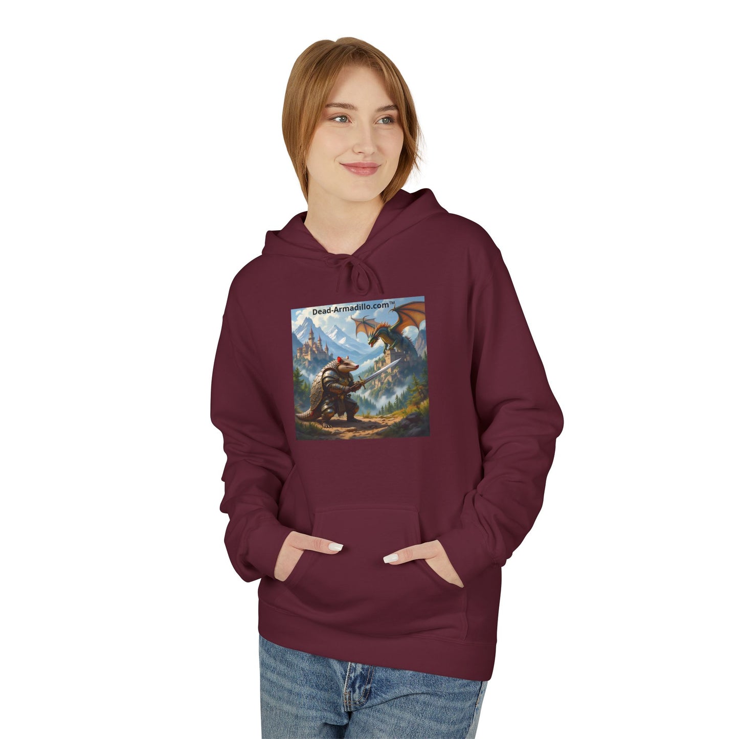 Arlo the Armadillo | Gamer Hoodie | Fantasy Mountain Scene | with Dragon and Castles