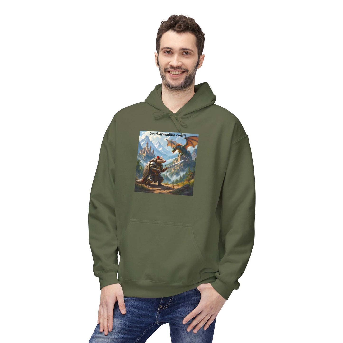 Arlo the Armadillo | Gamer Hoodie | Fantasy Mountain Scene | with Dragon and Castles
