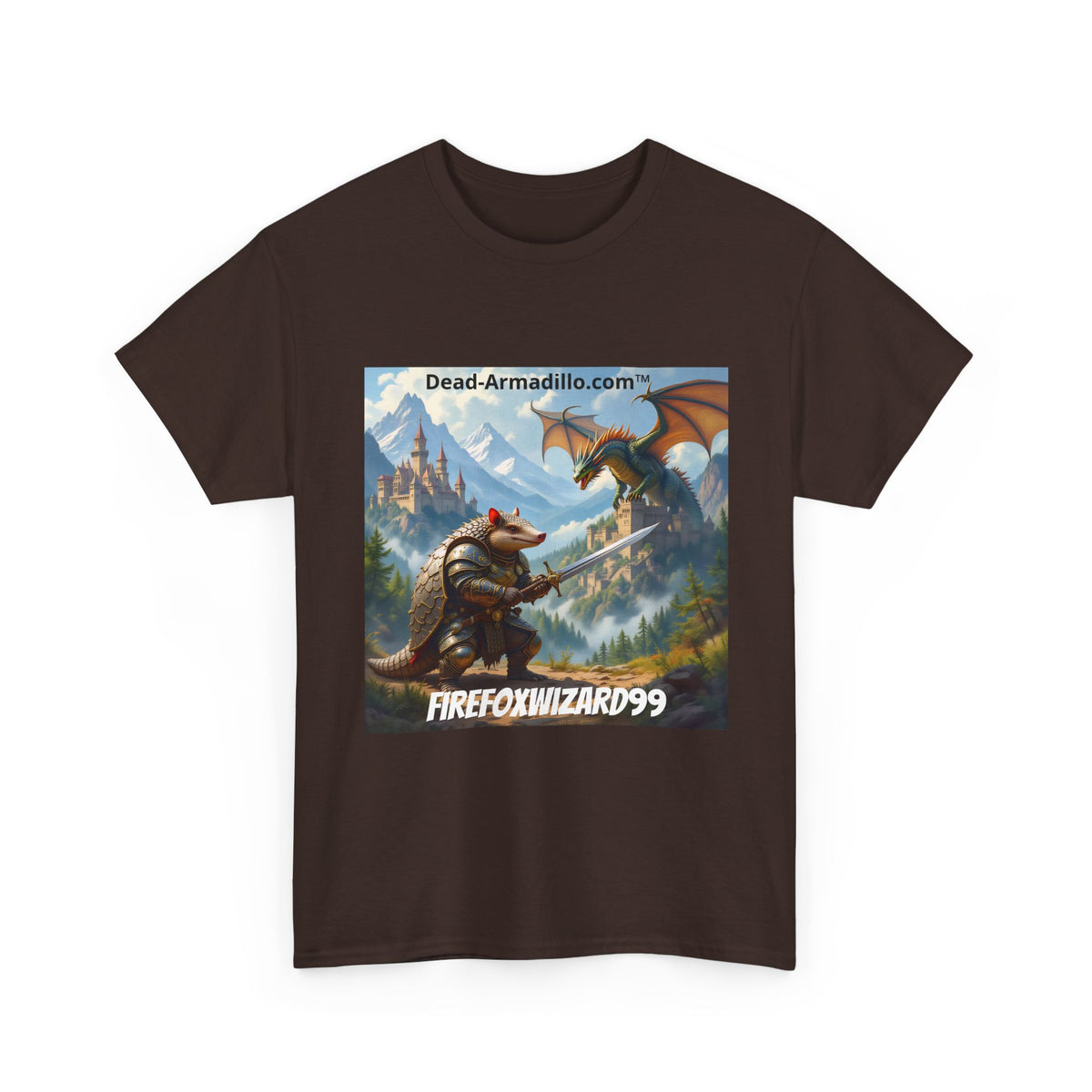 Arlo the Armadillo | Gamer Tee | Fantasy Mountain Scene | with Dragon and Castles