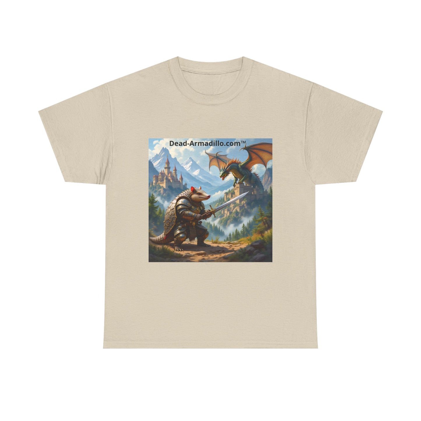 Fantasy Battle T-Shirt — Armadillo vs Dragon Illustration