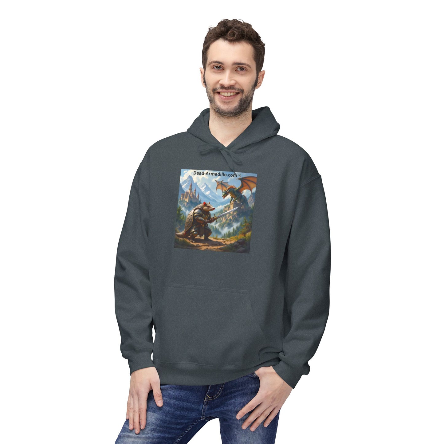 Arlo the Armadillo | Gamer Hoodie | Fantasy Mountain Scene | with Dragon and Castles