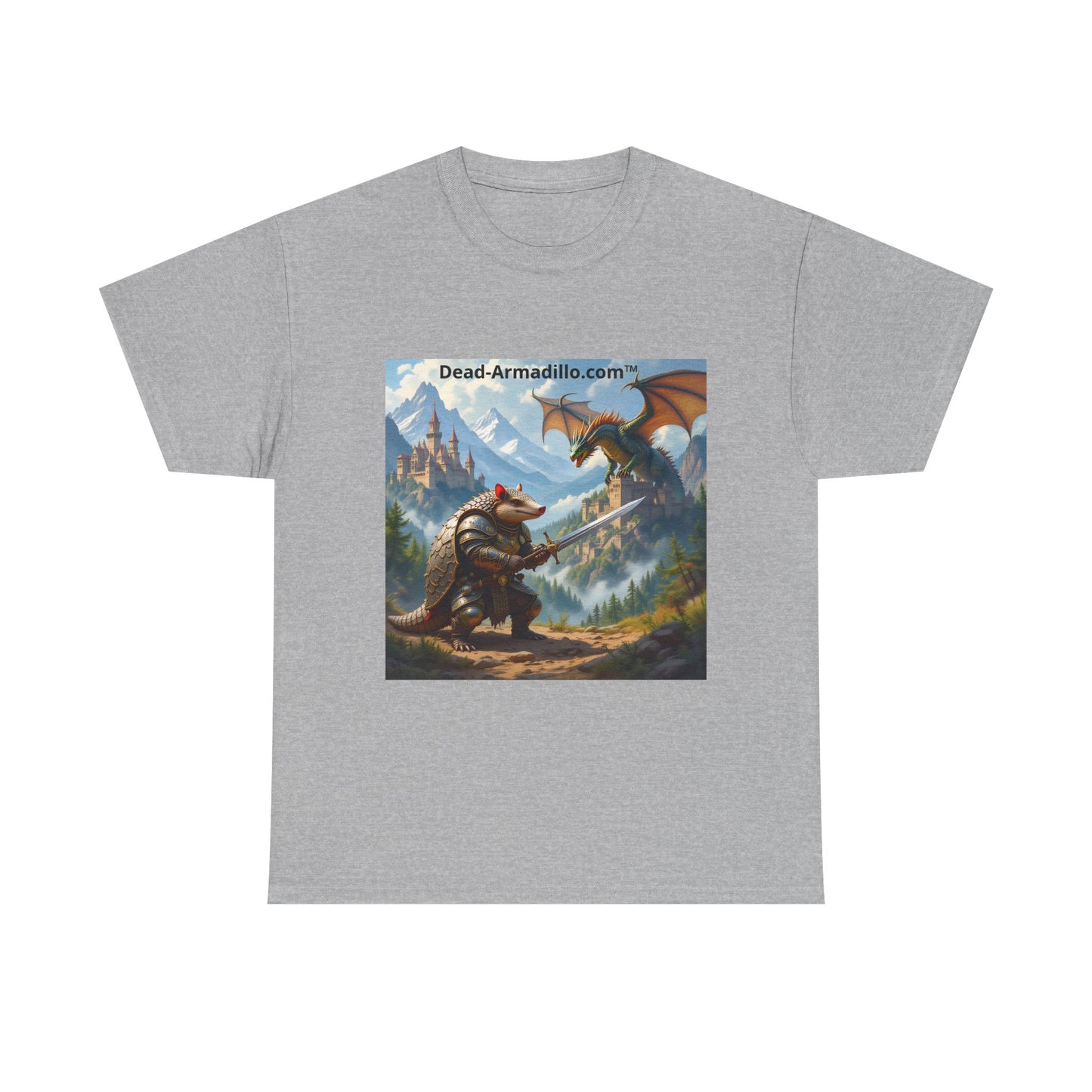 Fantasy Battle T-Shirt — Armadillo vs Dragon Illustration