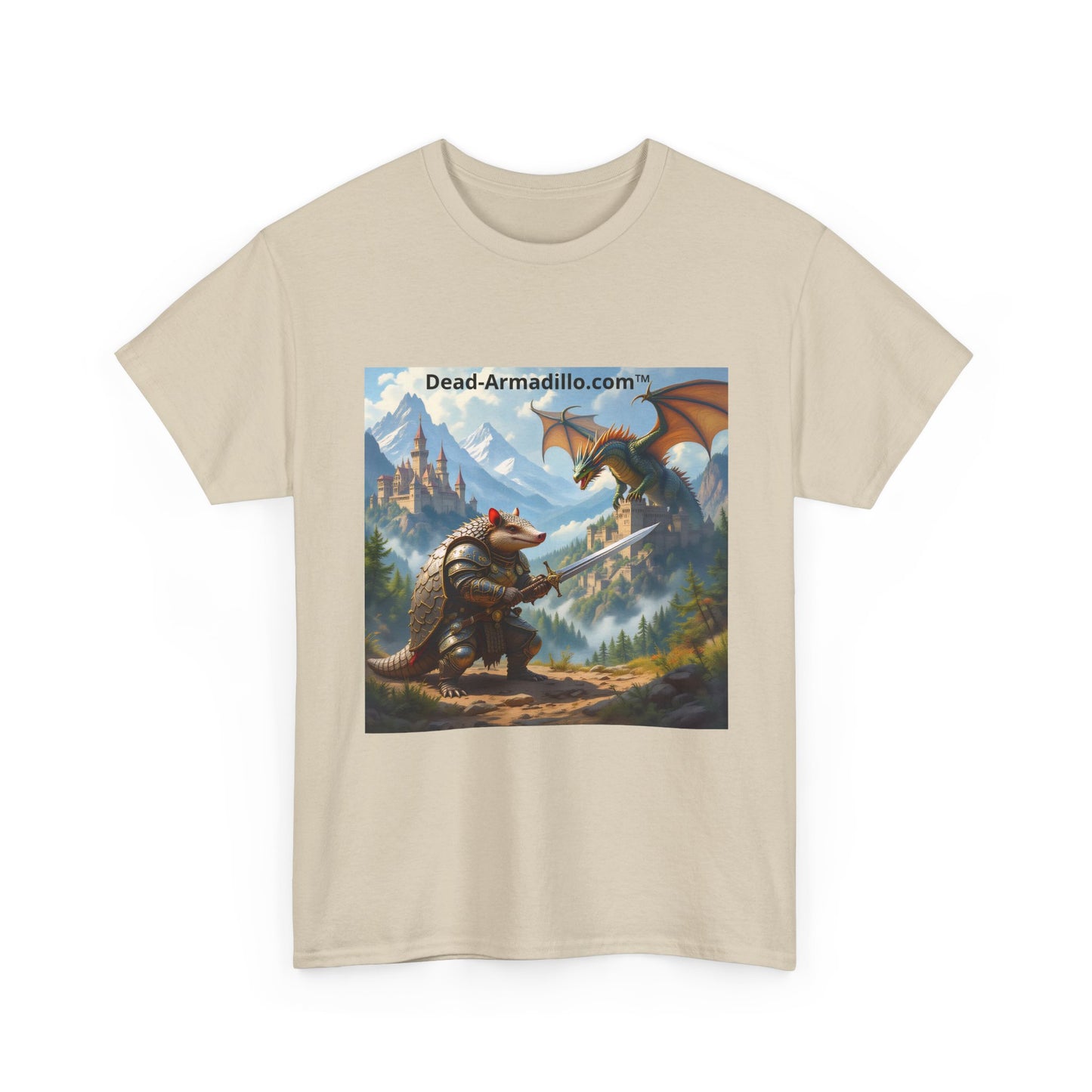 Fantasy Battle T-Shirt — Armadillo vs Dragon Illustration