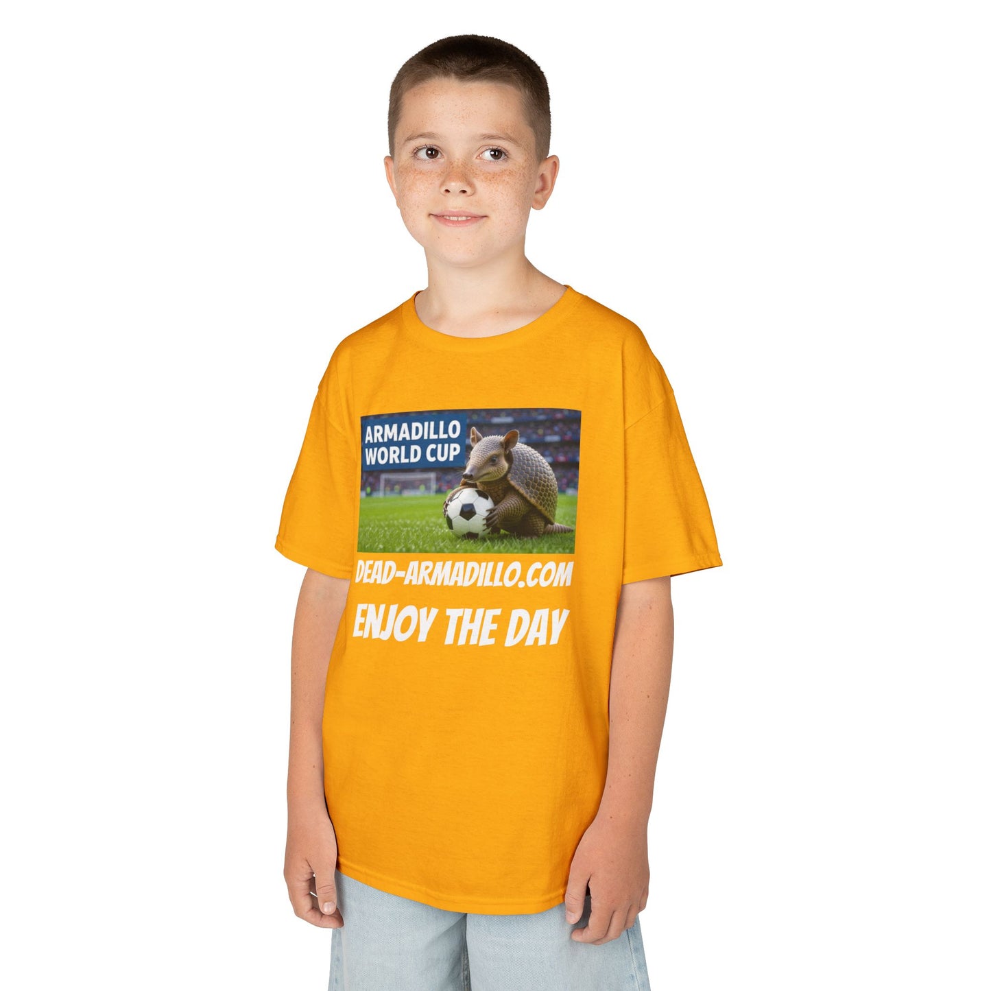 Kids Soccer Tee - Armadillo Soccer Player | World Cup Soccer Shirt | Enjoy the Day | White Font Choice