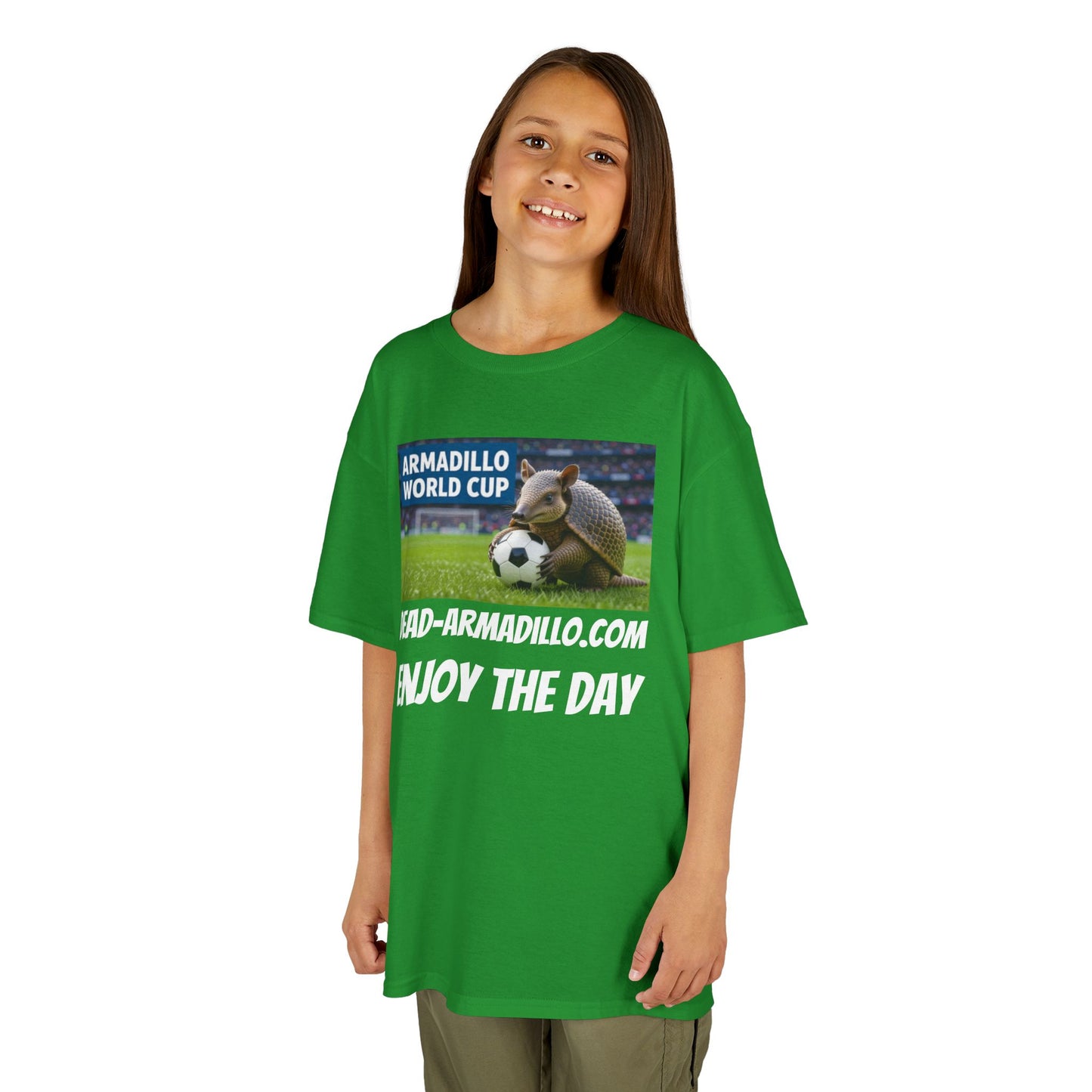 Kids Soccer Tee - Armadillo Soccer Player | World Cup Soccer Shirt | Enjoy the Day | White Font Choice
