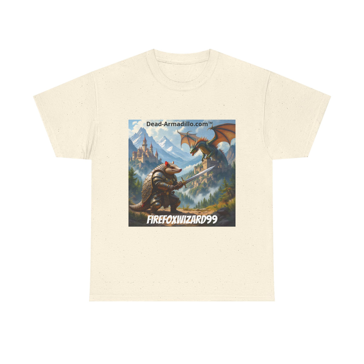 Arlo the Armadillo | Gamer Tee | Fantasy Mountain Scene | with Dragon and Castles