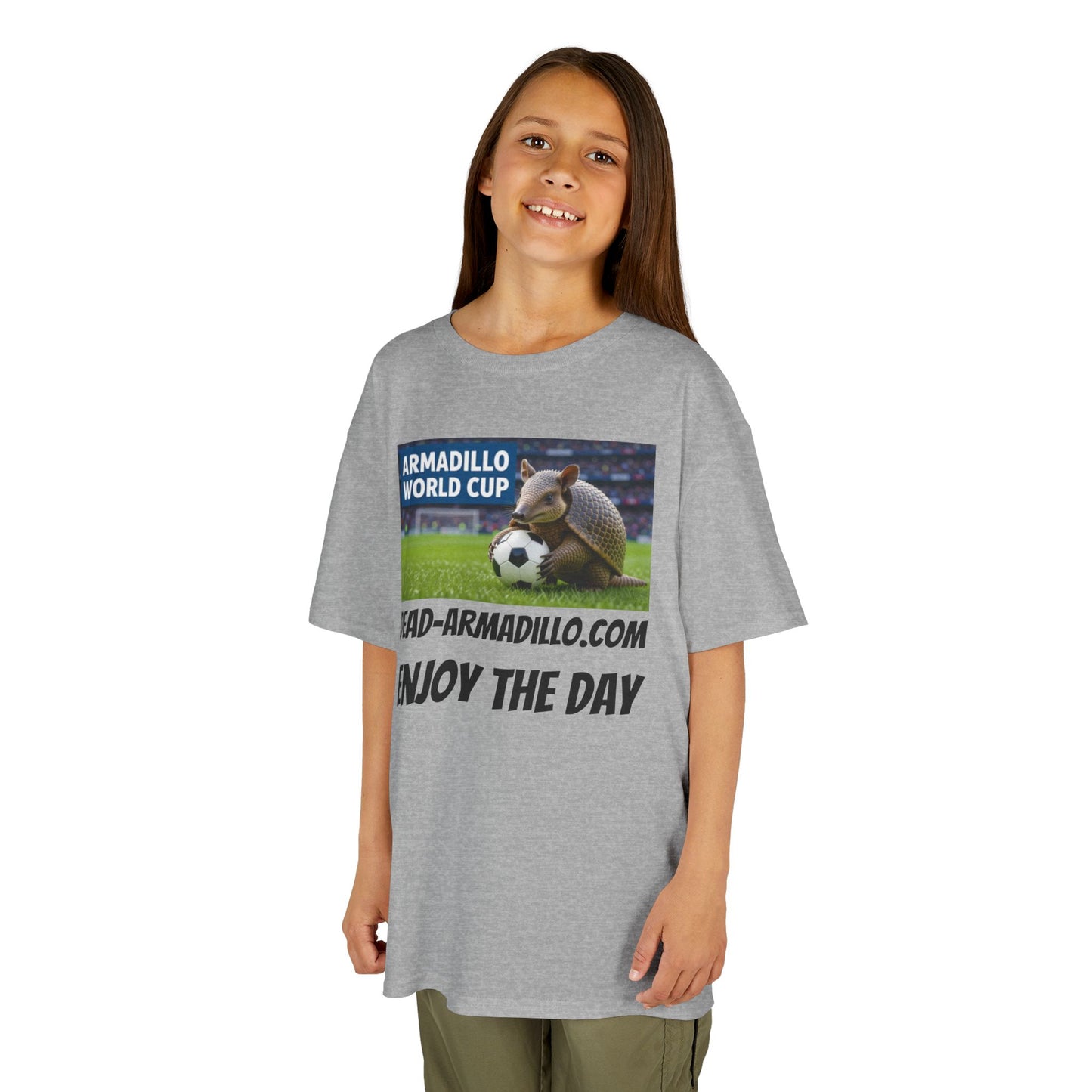Kids Soccer Tee - Armadillo Soccer Player | World Cup Soccer Shirt | Enjoy the Day | Dark font