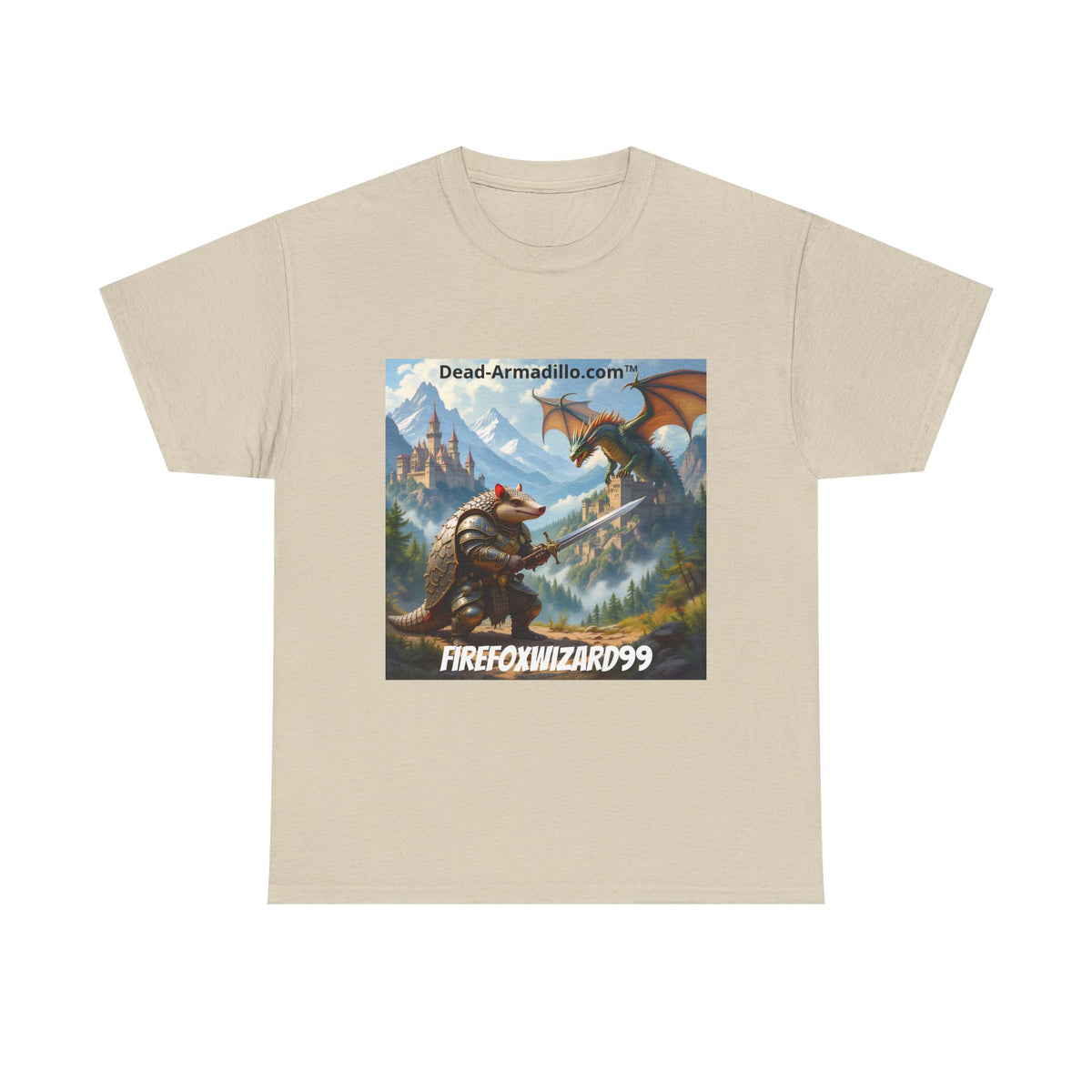 Arlo the Armadillo | Gamer Tee | Fantasy Mountain Scene | with Dragon and Castles