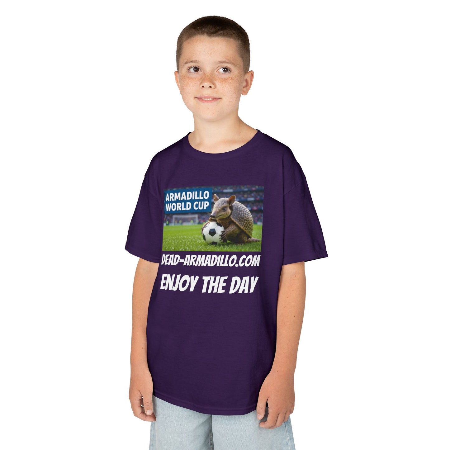 Kids Soccer Tee - Armadillo Soccer Player | World Cup Soccer Shirt | Enjoy the Day | White Font Choice