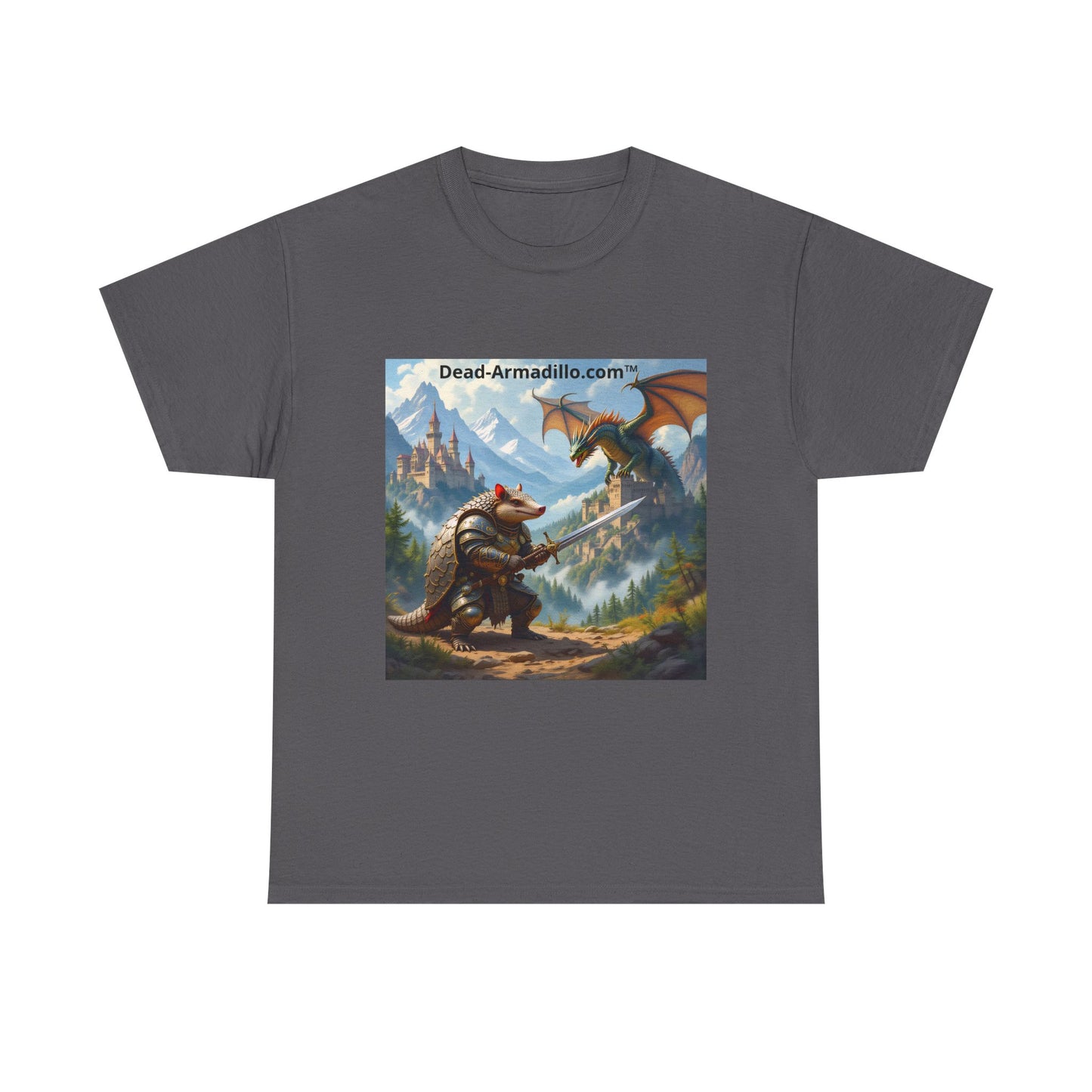 Fantasy Battle T-Shirt — Armadillo vs Dragon Illustration