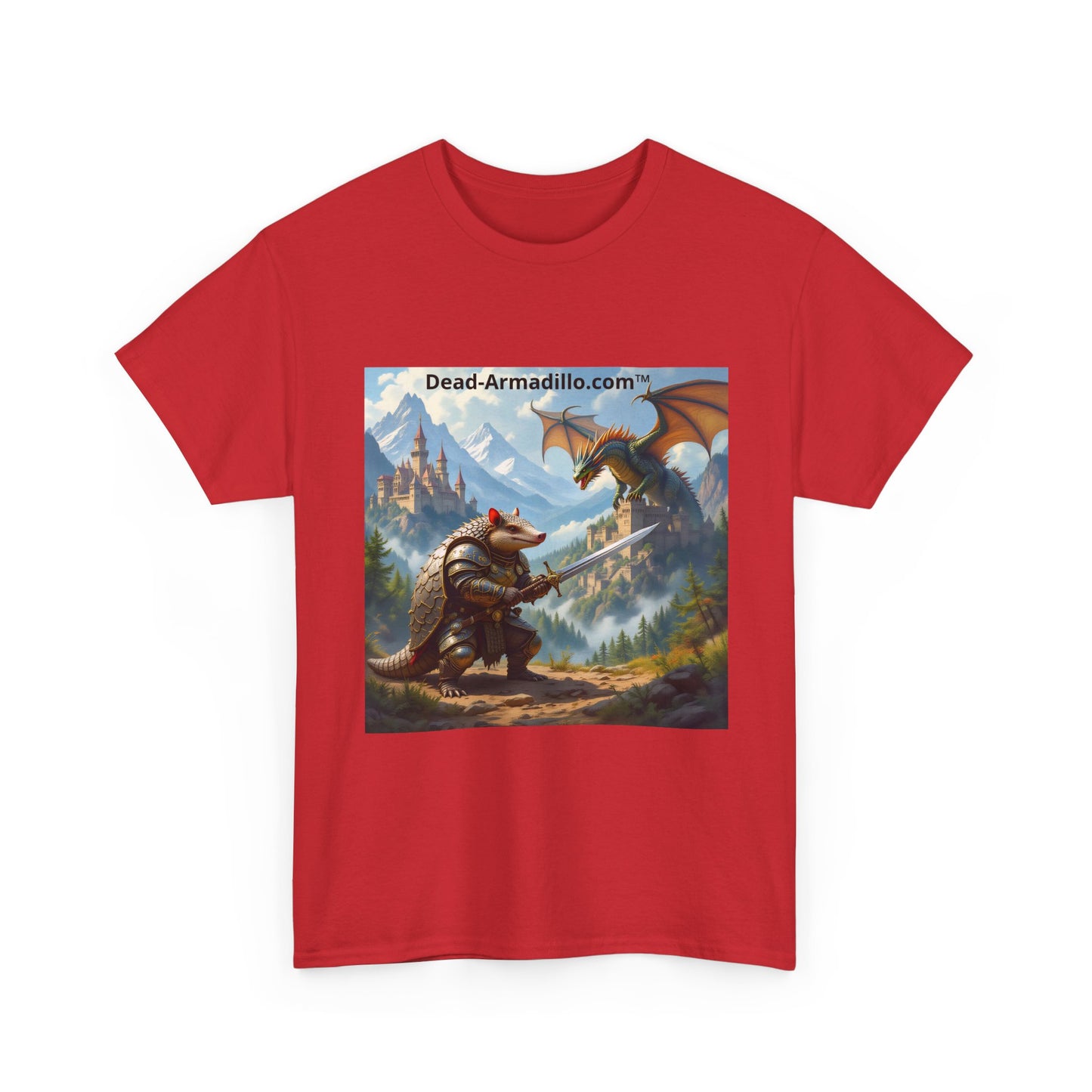 Fantasy Battle T-Shirt — Armadillo vs Dragon Illustration