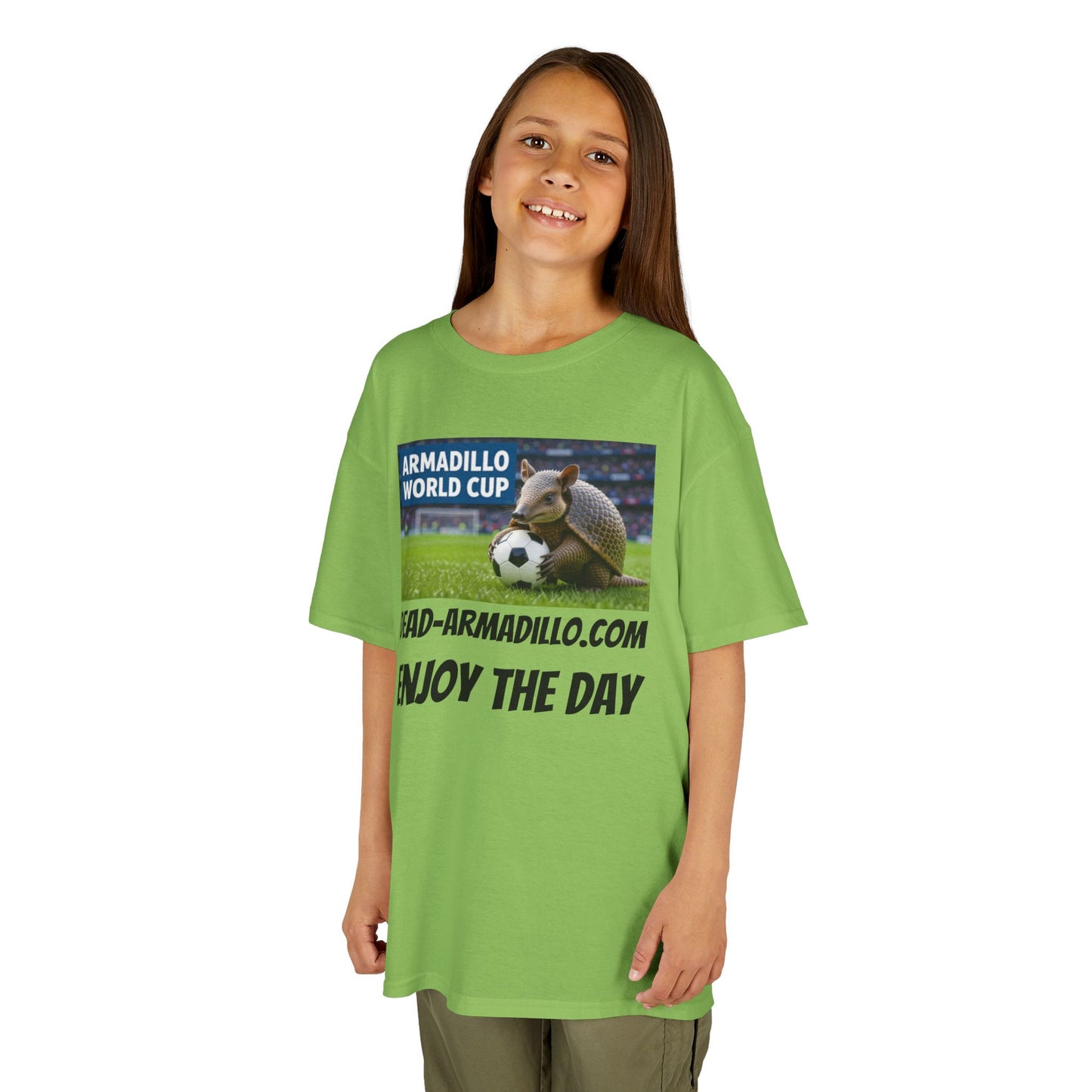 Kids Soccer Tee - Armadillo Soccer Player | World Cup Soccer Shirt | Enjoy the Day | Dark font
