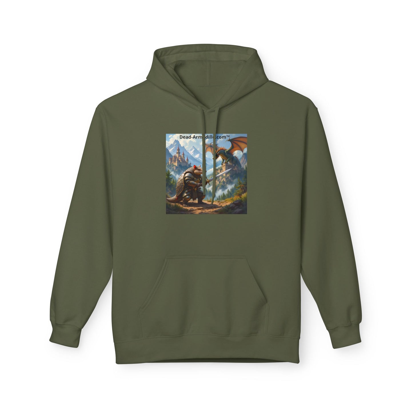 Arlo the Armadillo | Gamer Hoodie | Fantasy Mountain Scene | with Dragon and Castles