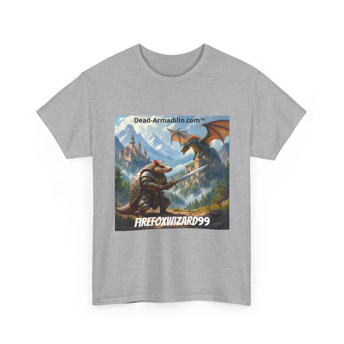 Arlo the Armadillo | Gamer Tee | Fantasy Mountain Scene | with Dragon and Castles