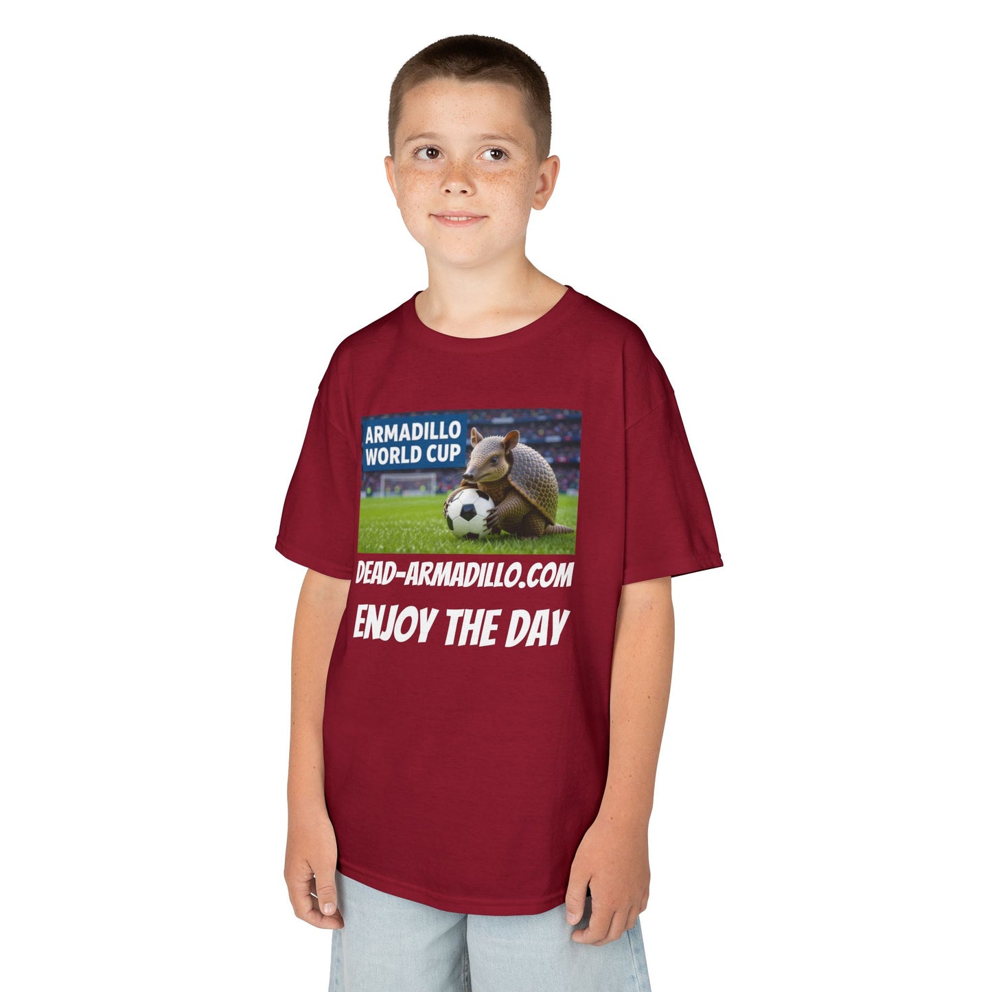 Kids Soccer Tee - Armadillo Soccer Player | World Cup Soccer Shirt | Enjoy the Day | White Font Choice
