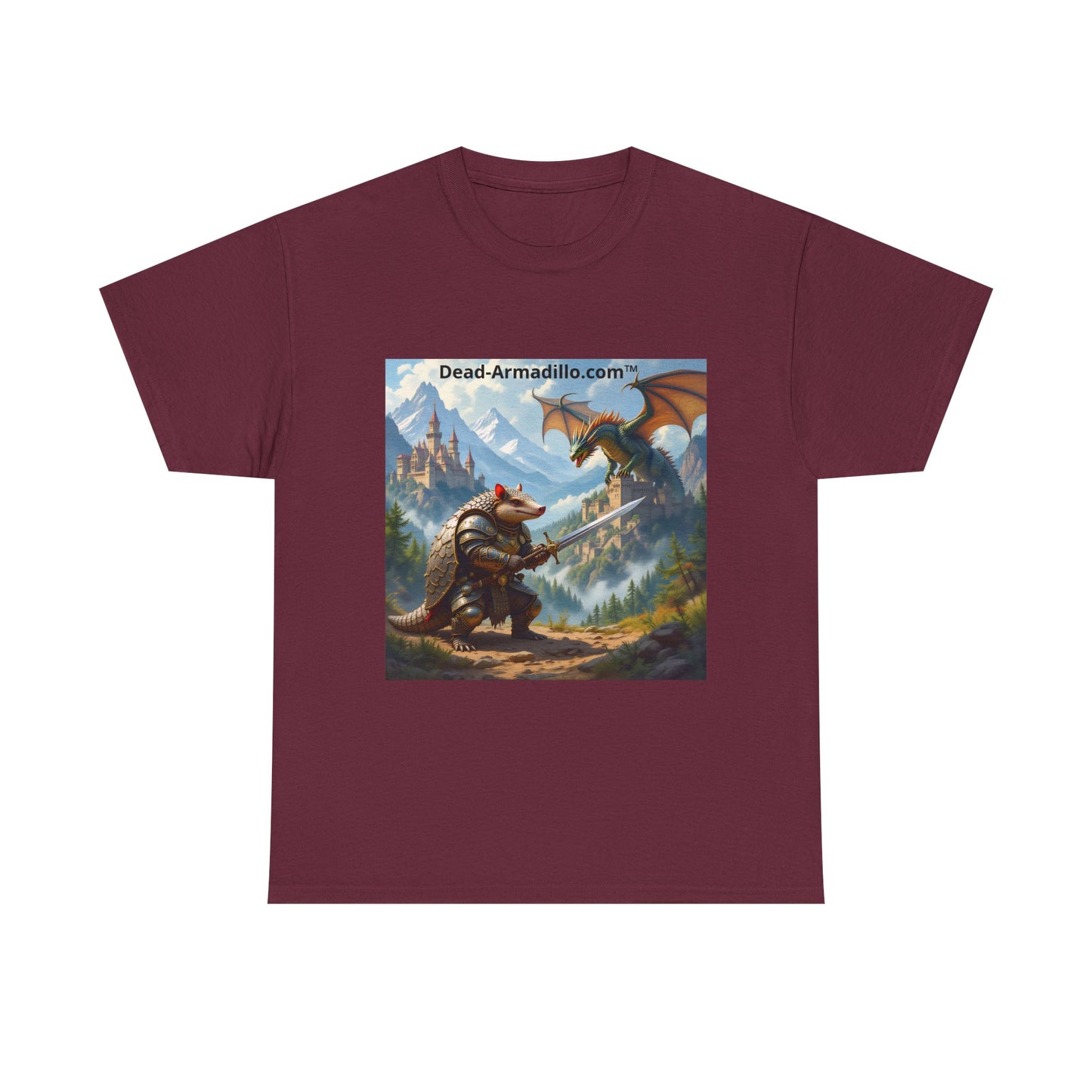 Fantasy Battle T-Shirt — Armadillo vs Dragon Illustration