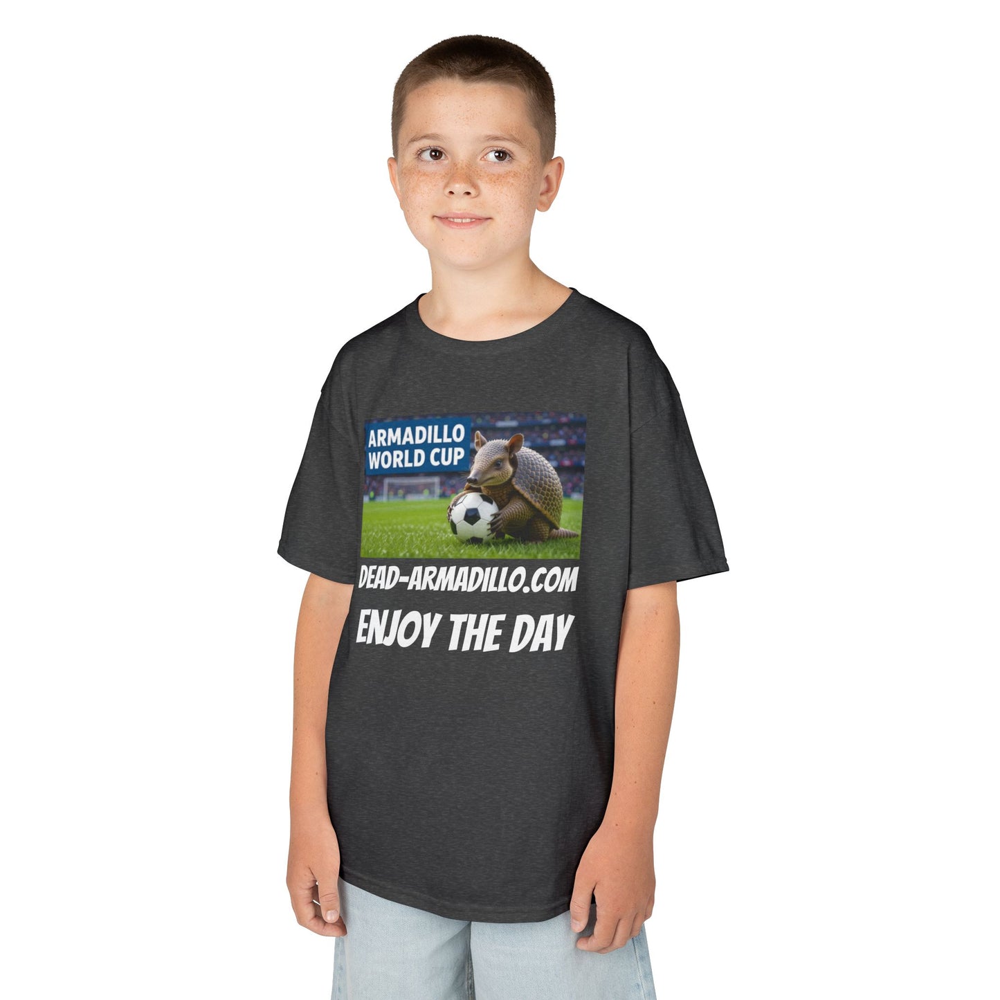 Kids Soccer Tee - Armadillo Soccer Player | World Cup Soccer Shirt | Enjoy the Day | White Font Choice