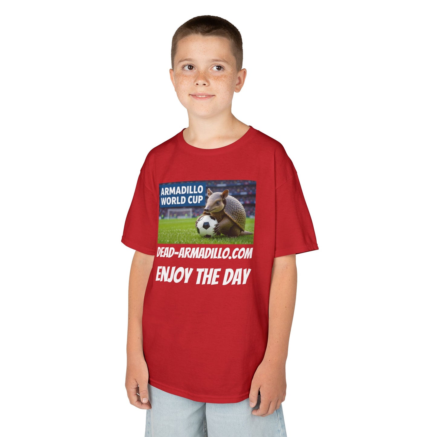 Kids Soccer Tee - Armadillo Soccer Player | World Cup Soccer Shirt | Enjoy the Day | White Font Choice