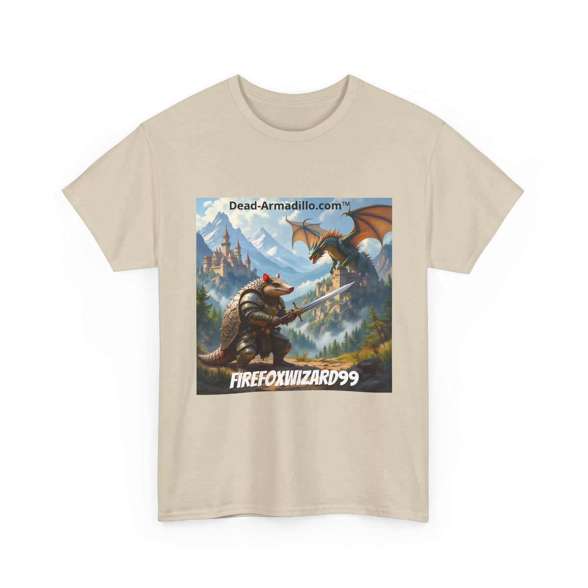 Arlo the Armadillo | Gamer Tee | Fantasy Mountain Scene | with Dragon and Castles